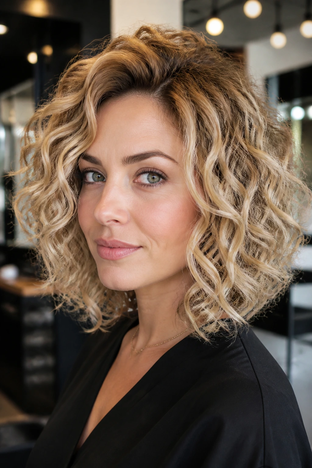 Close-up of a real woman with High-Volume Crown Lob Champagne Highlights showing lifted crown.
