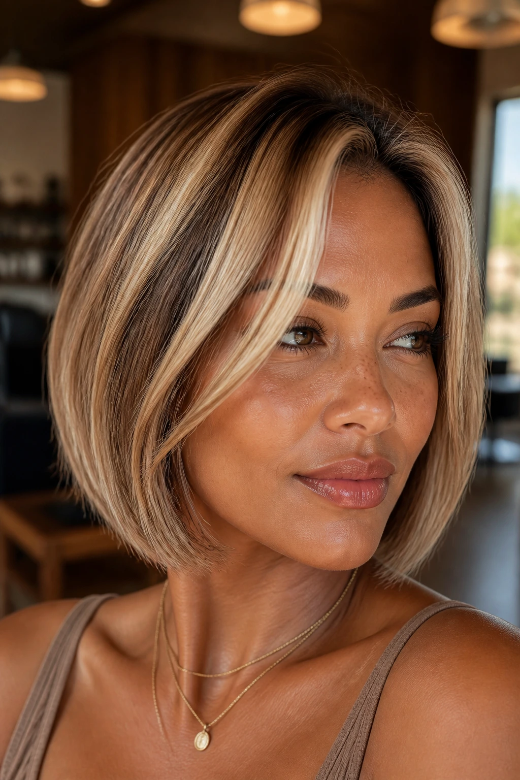 Close-up of a chin-length bob with bright crown pieces on tan skin.