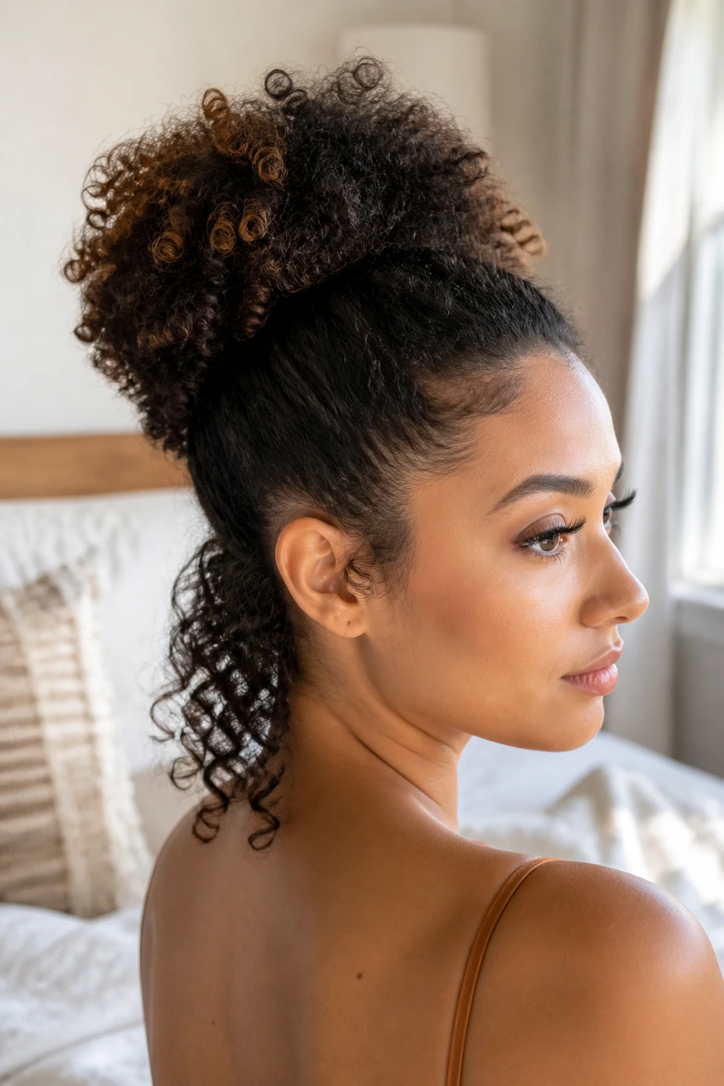 Close-up of crown puff hairstyle with loose nape curls on a real person.