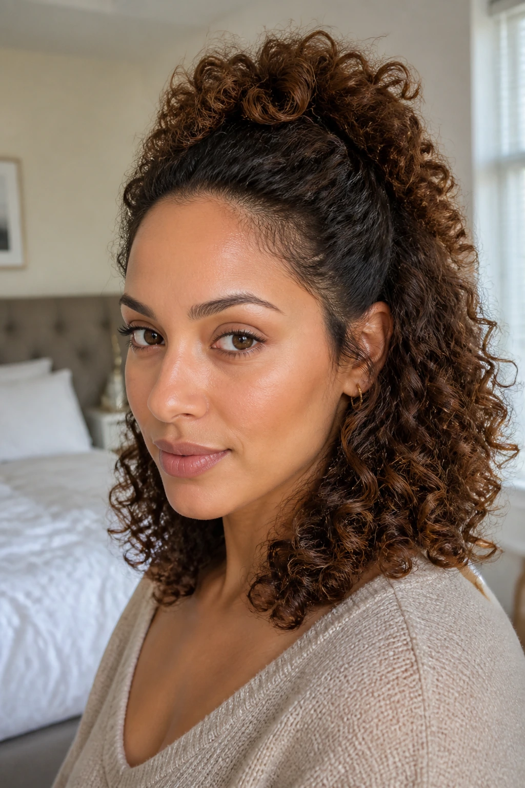 Close-up of a shoulder-length curly hairstyle with a crown puff and loose spiral ends on a real woman.