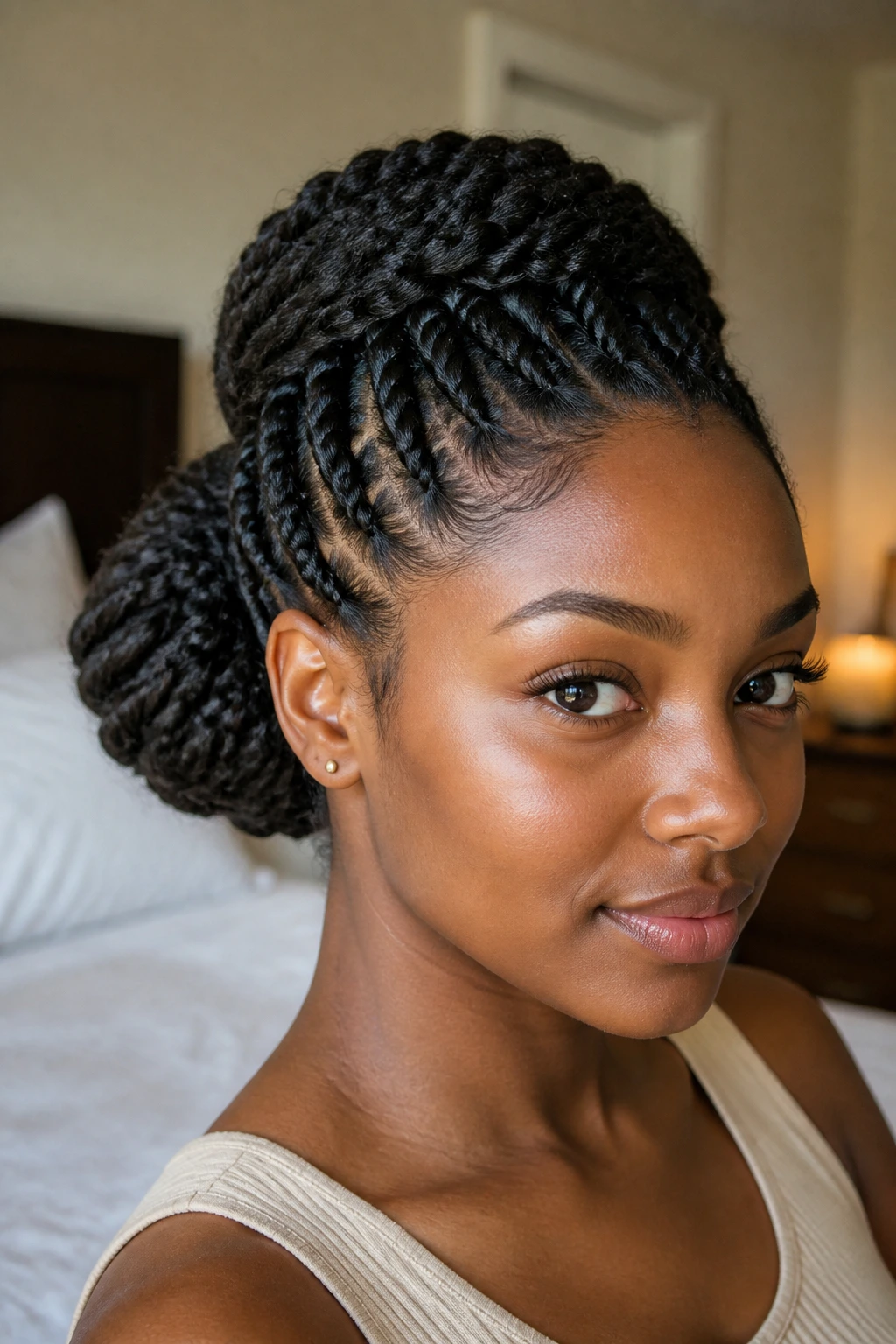 Real woman with crown puff twist bun balanced head shape