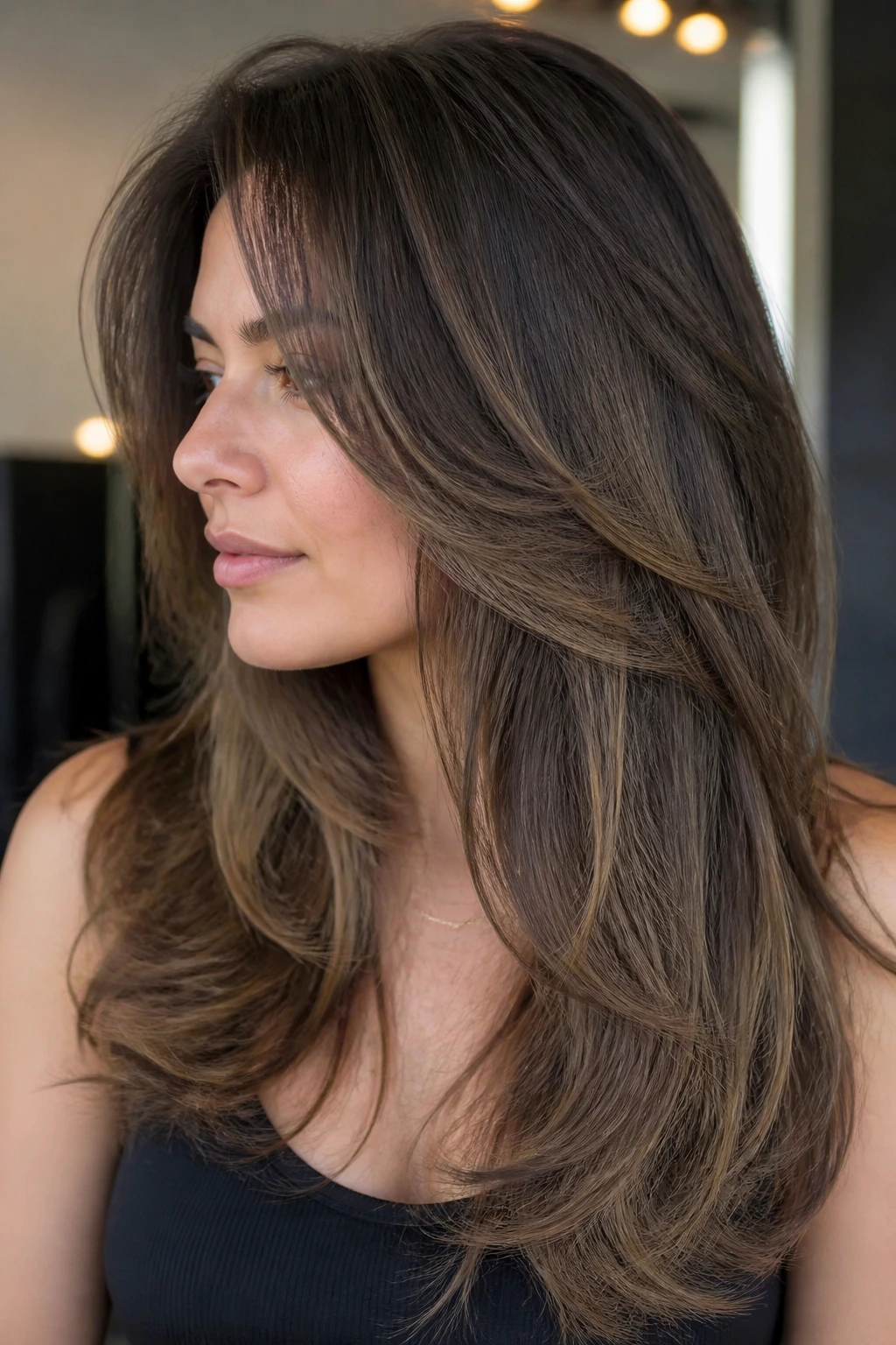 Close-up of a woman with crown-relief layers lifting density at the crown