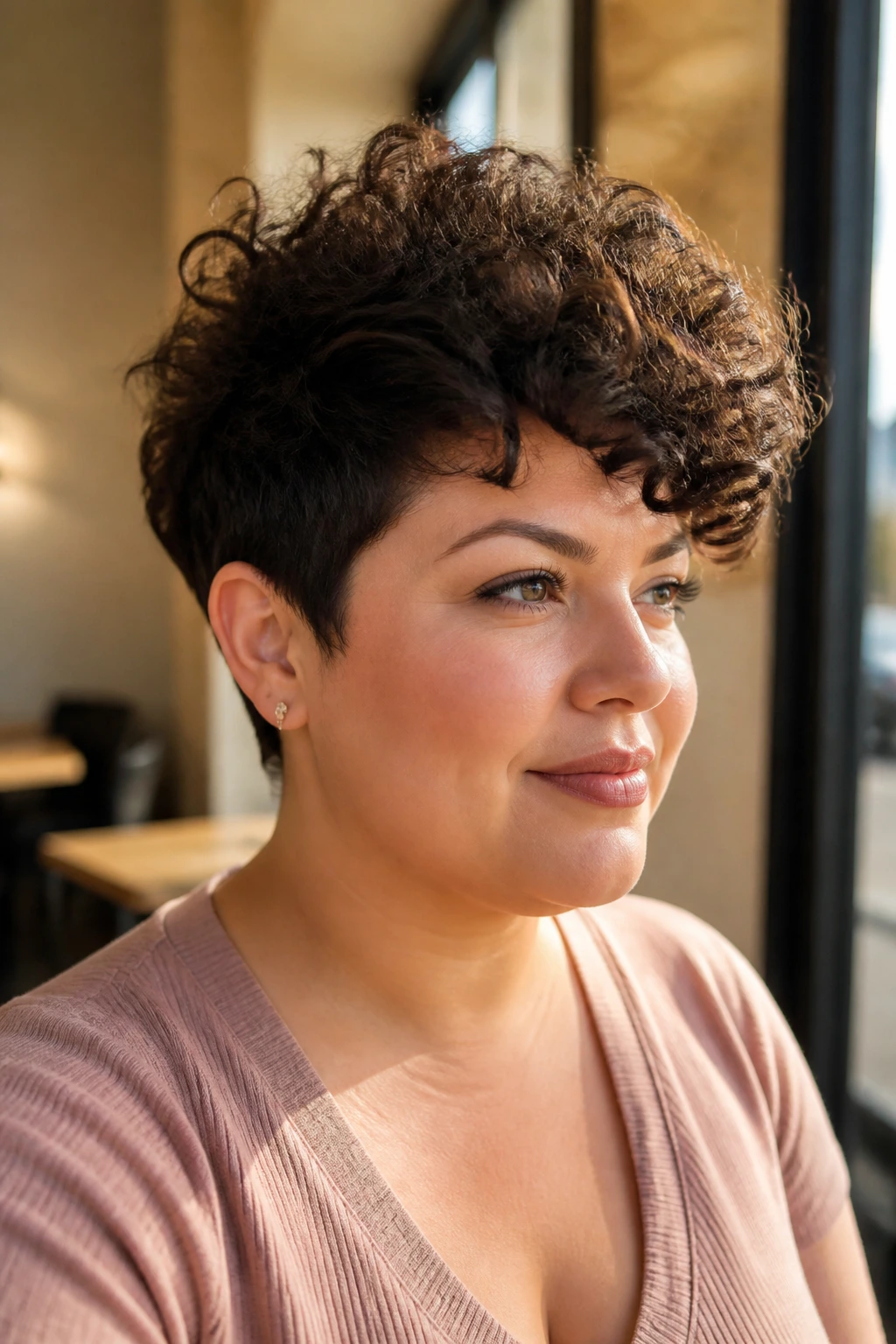 Close-up portrait of a real person with a crown-short curl cut and lifted top