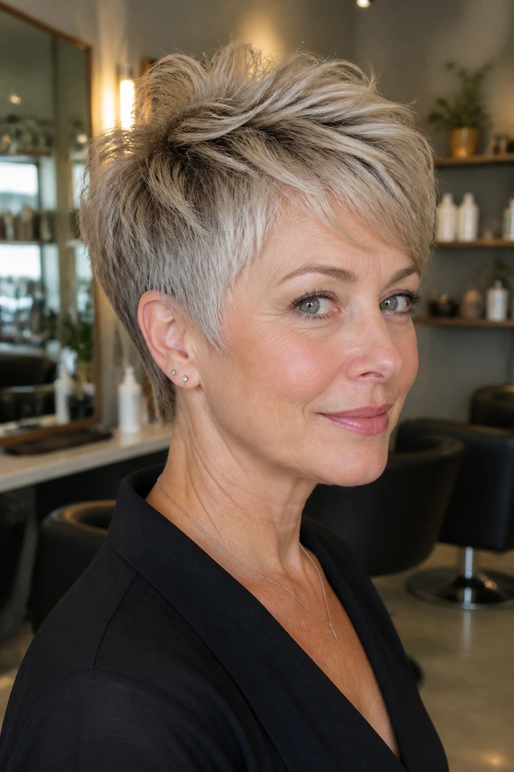 Real woman wearing crown-stacked layered pixie with lifted crown