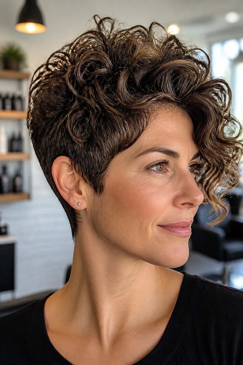 Close-up of a real person showing a high-volume crown sweep hairstyle