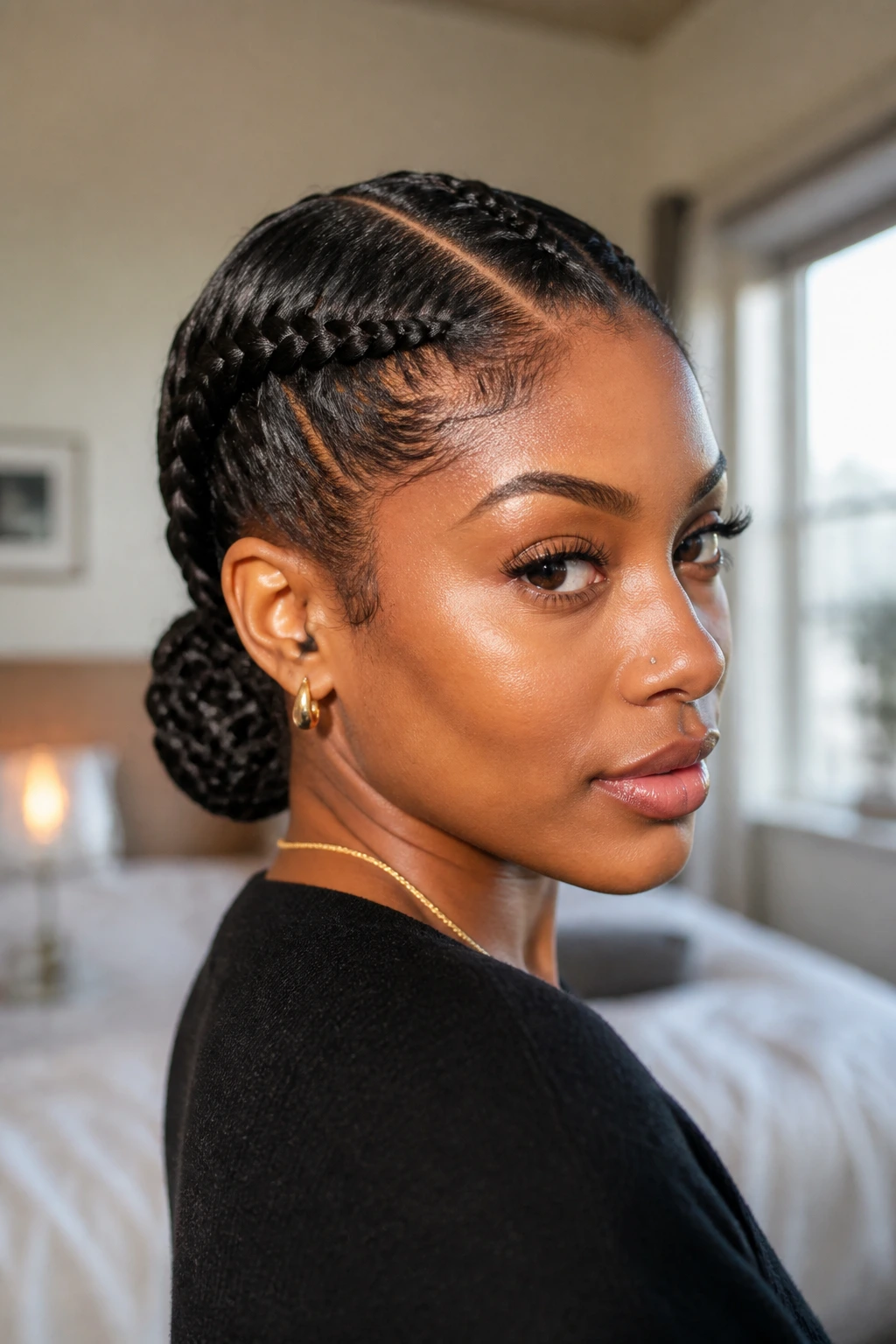 Close-up of real person with crown-to-nape braided bun under warm window light