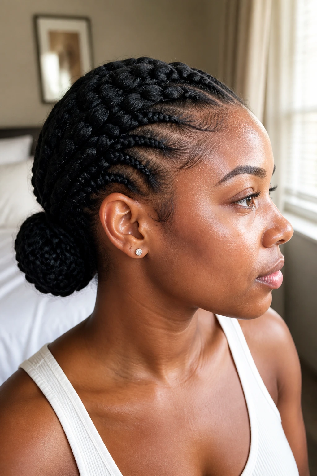 Close-up portrait of crown twists flowing into a neat low bun on a real woman