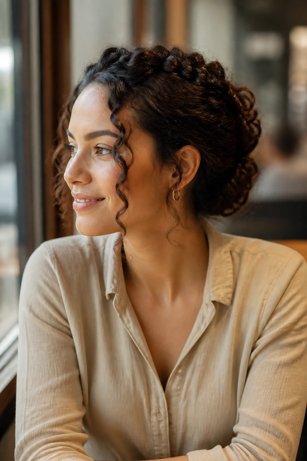 Portrait of a real woman with a crown twist hairstyle for daytime by a cafe window