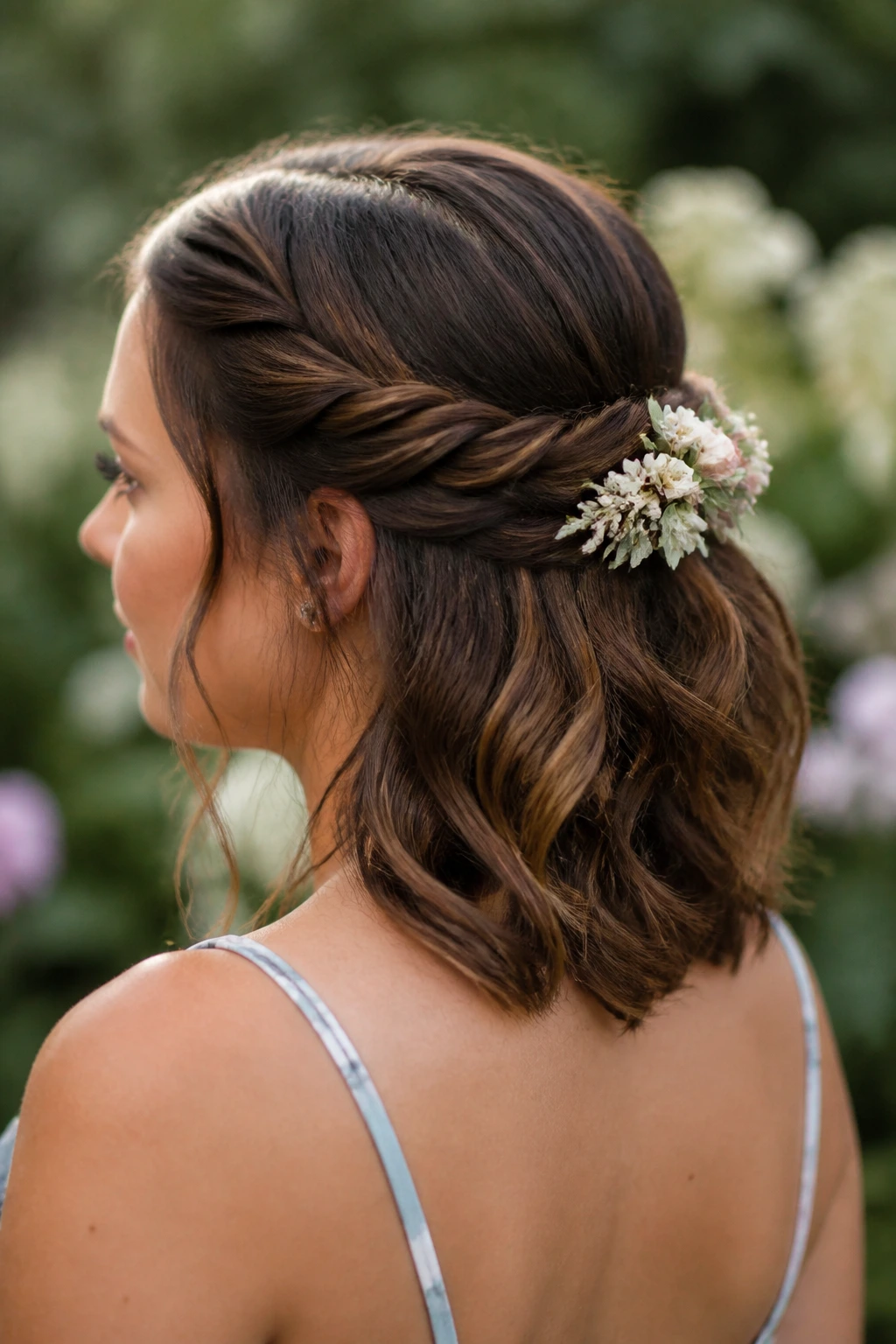 Close-up of crown twist with a floral comb in shoulder-length hair