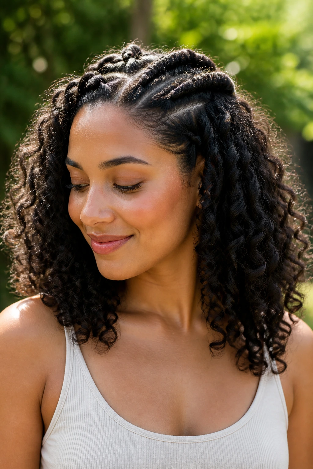Close-up portrait of a real woman wearing crown twists across the top of her head.