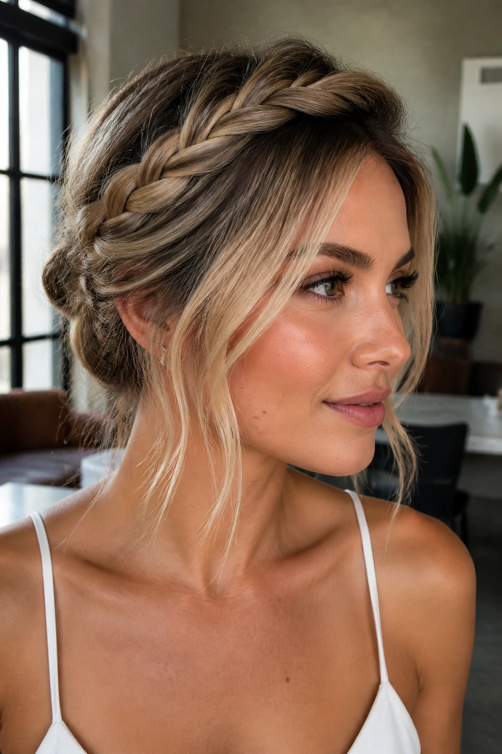 Close-up of a real woman with a crown twist halo framing the face