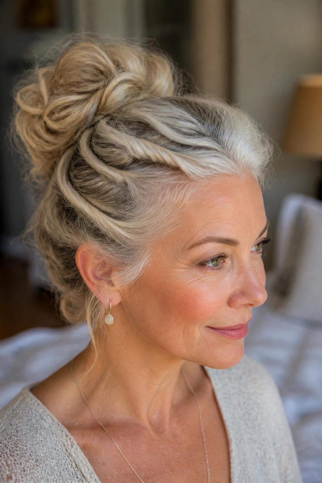 Real woman with crown twists leading to a loose bun at the crown in a cozy room