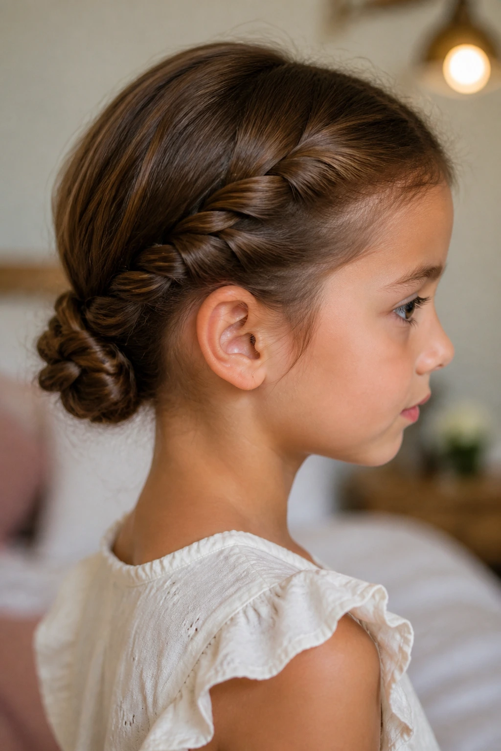 Real child with crown-twist low bun formed by temple twists meeting at the nape
