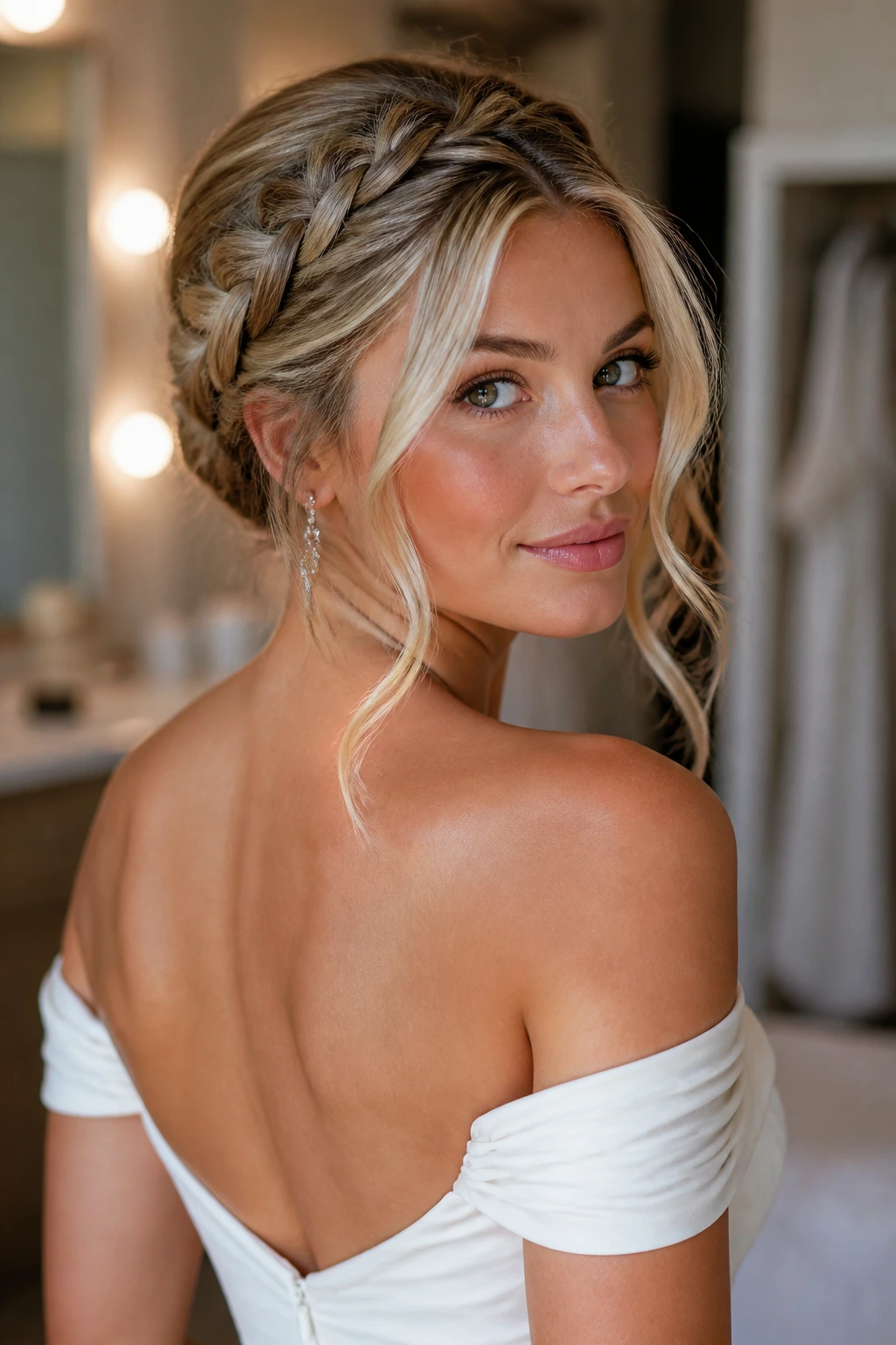 Close-up of a real woman with crown twist updo and open neckline, money pieces framing the face.
