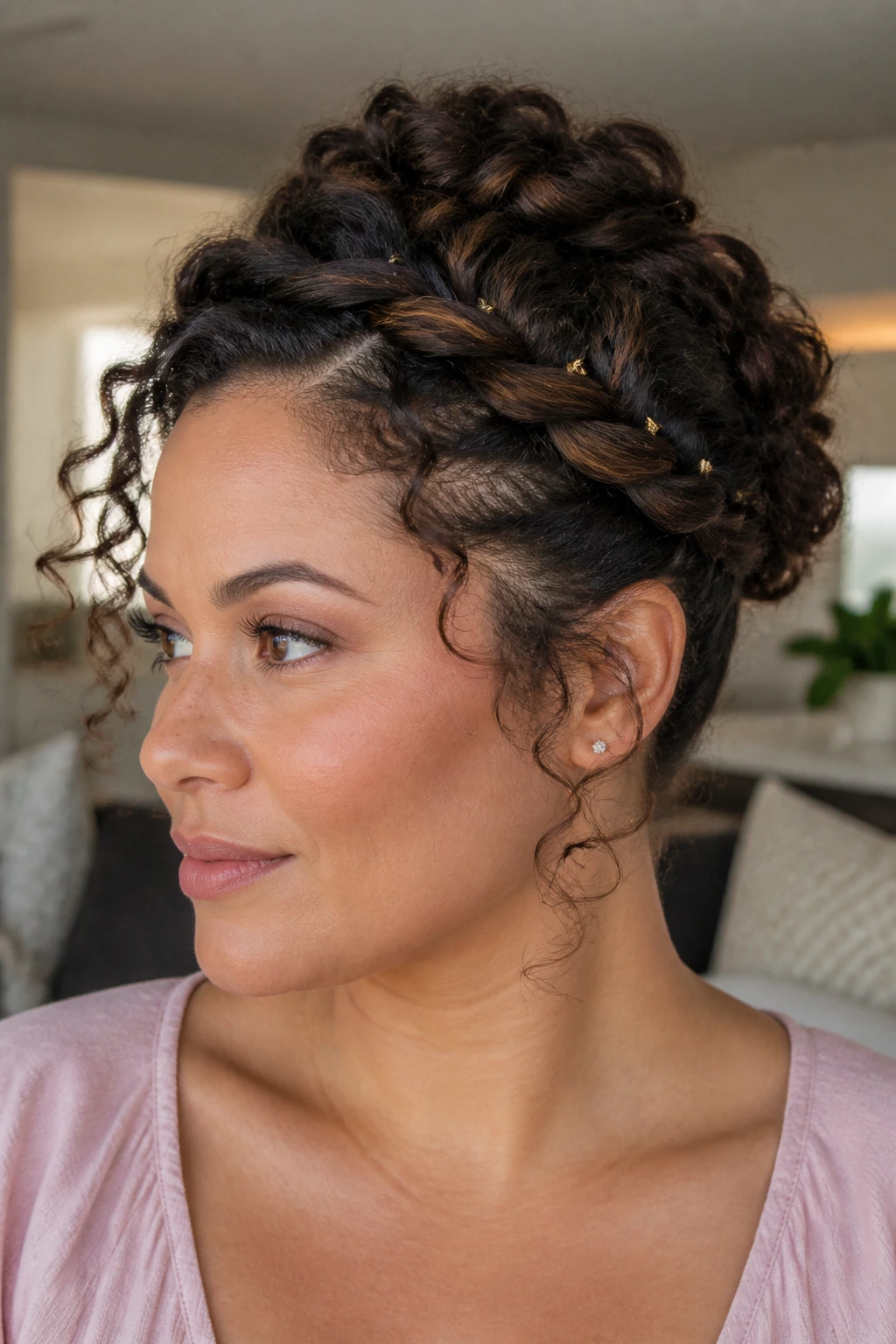 Close-up portrait of a real woman with crown twist updo and diagonal twists.