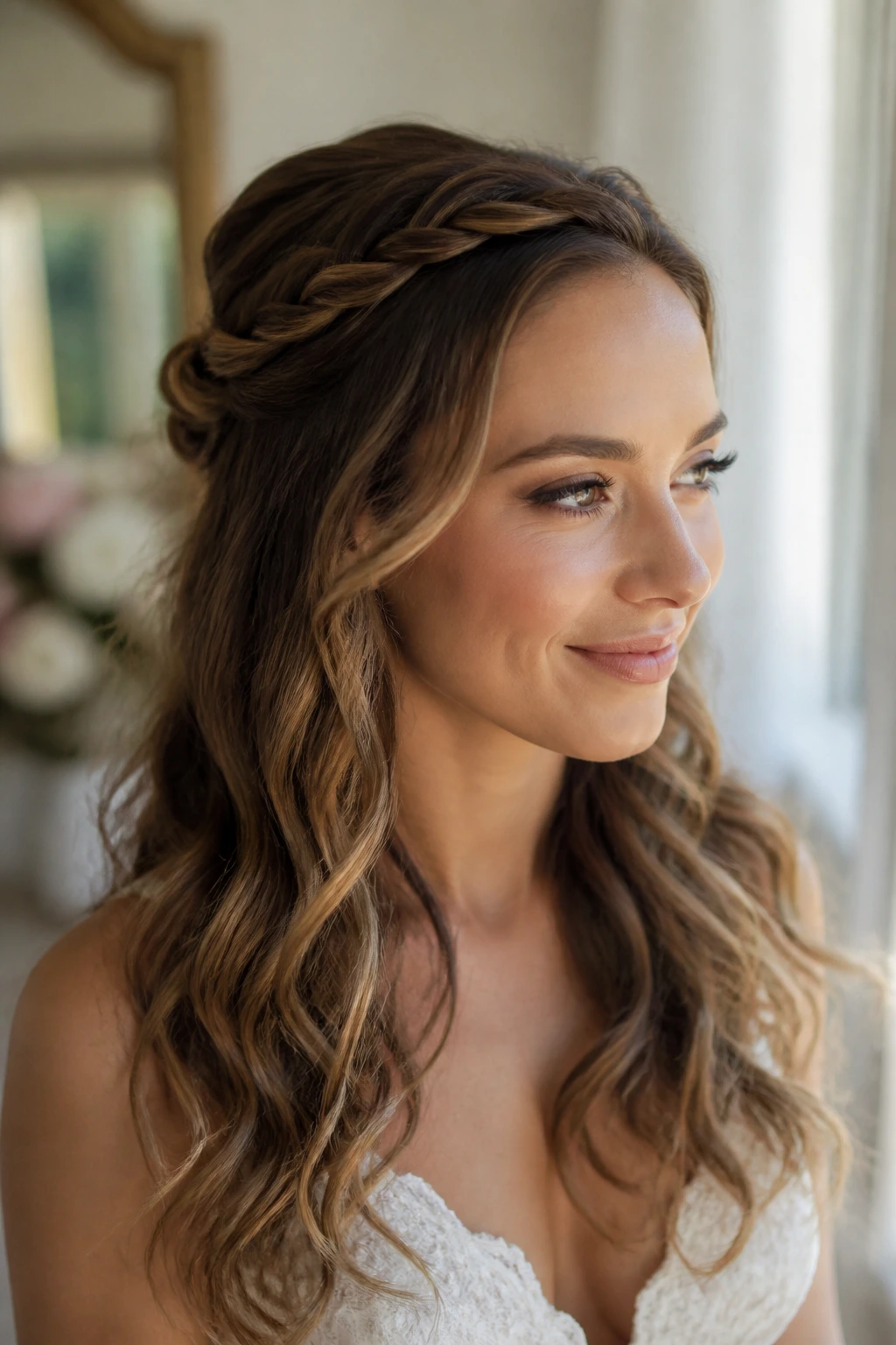 Close-up of a real bride with crown twists at the temples and loose wavy hair