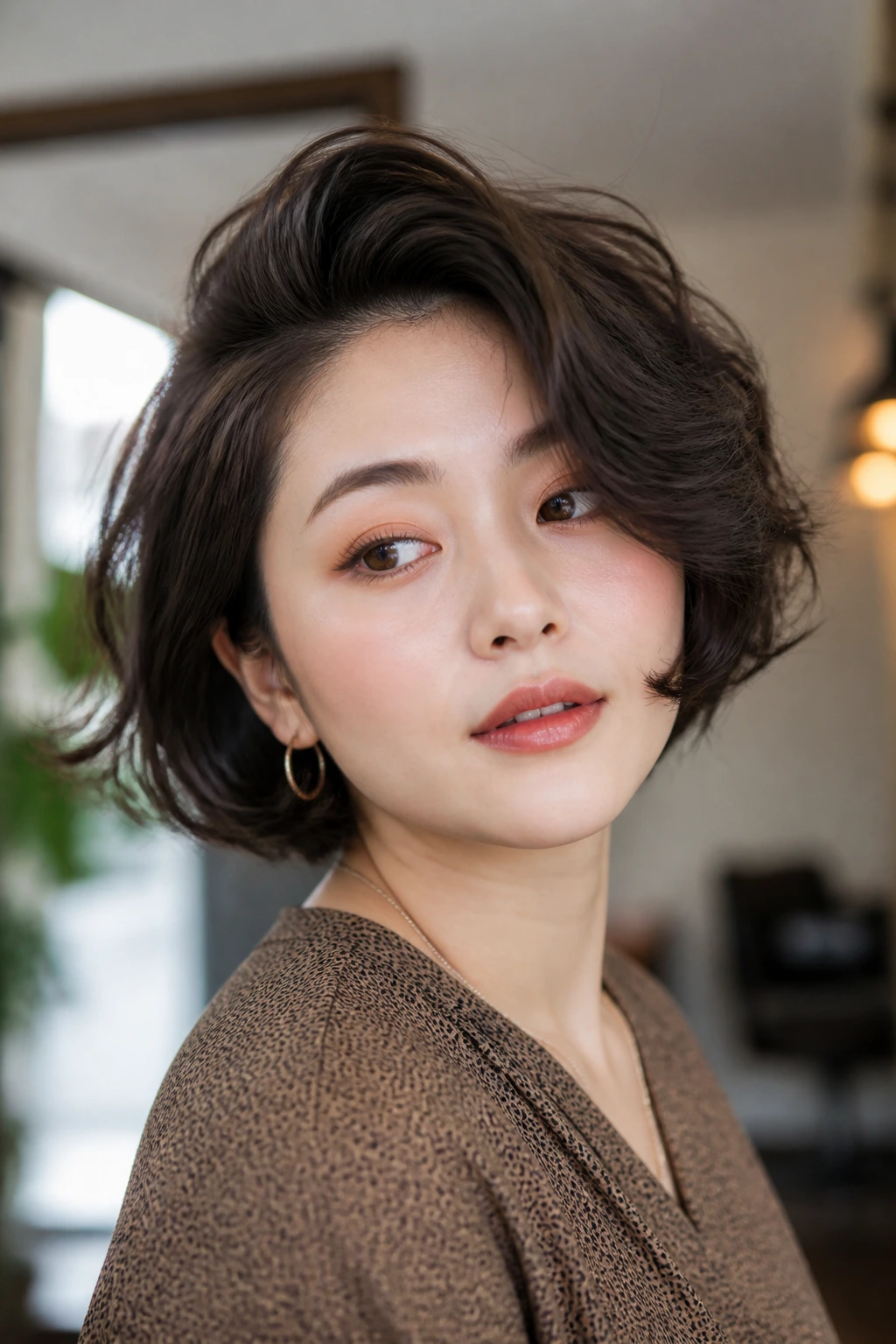 Close-up of a real person with deep side-part crown-volume bob