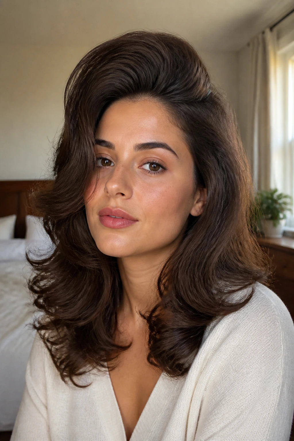 Portrait of a woman with crown-volume brushout hairstyle.
