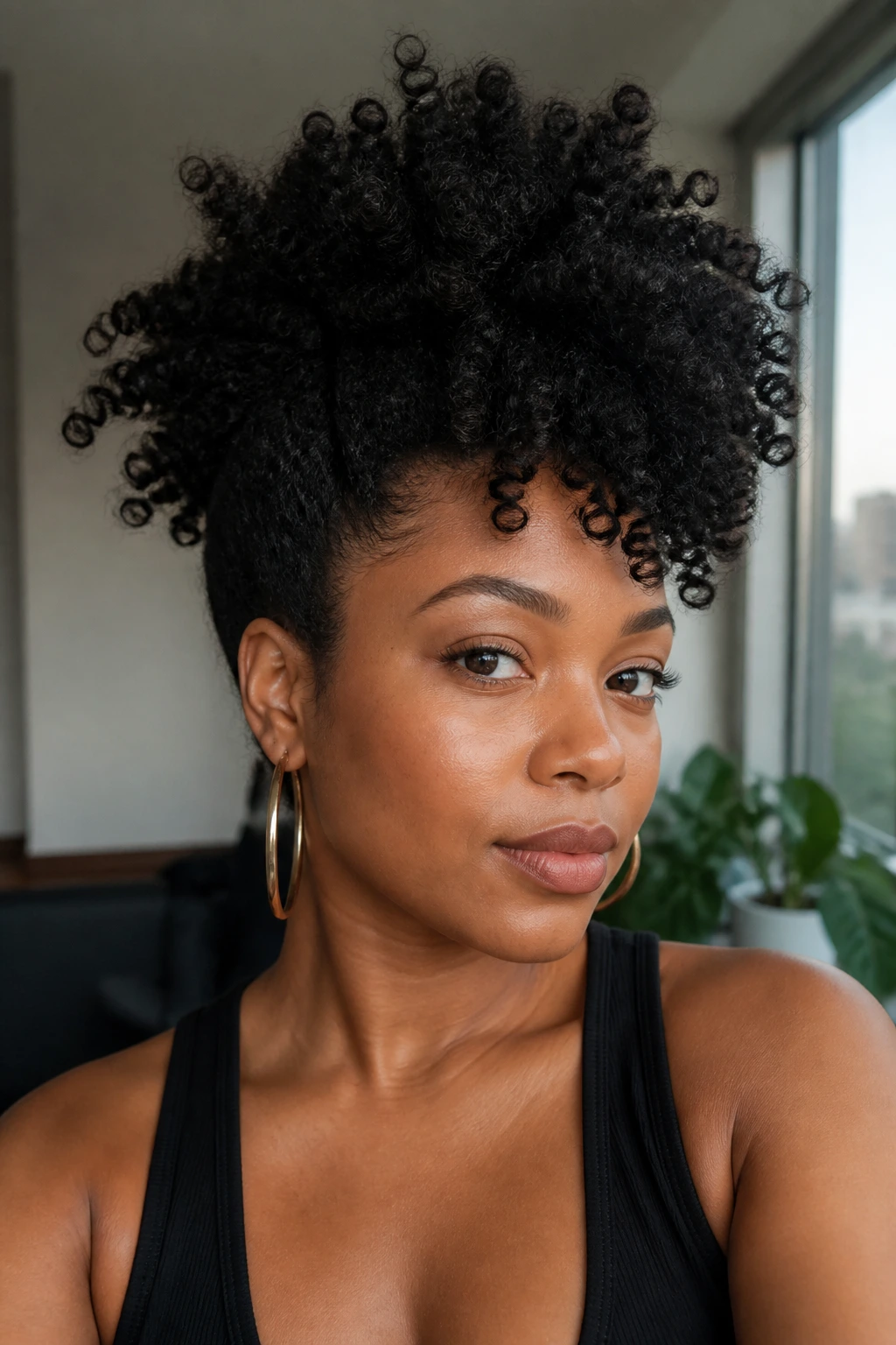 Close-up portrait of a real woman with crown-volume coily hair