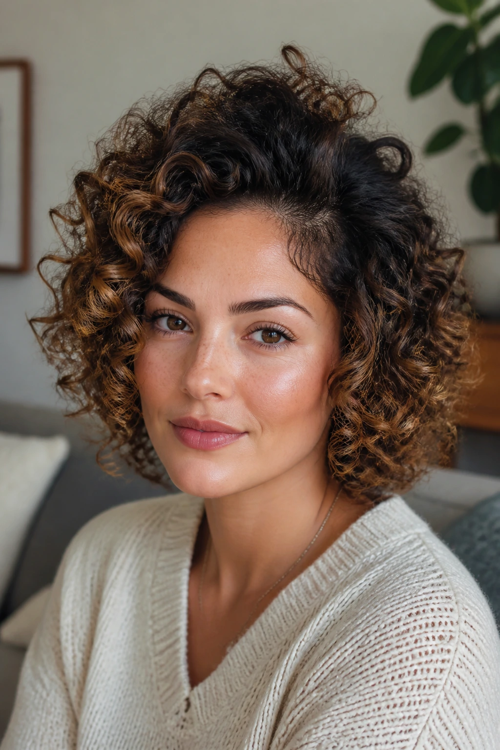 Close-up of a real person with crown-volume curls and defined part in a softly lit room