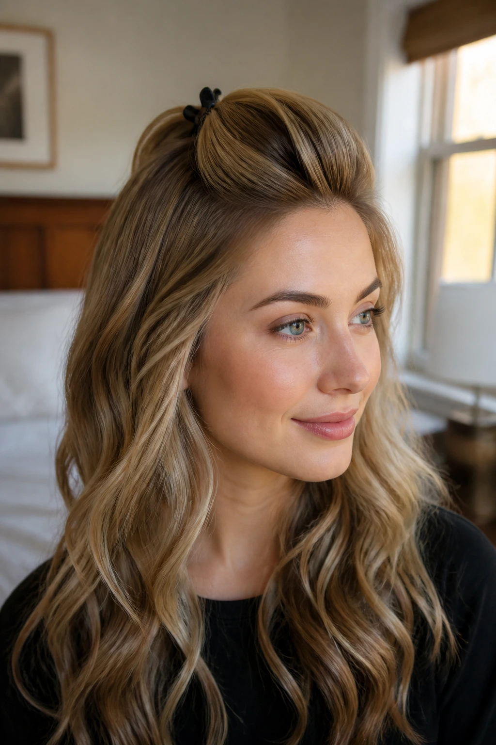 Close-up portrait of a real woman showing voluminous crown curls with a lifted front section.