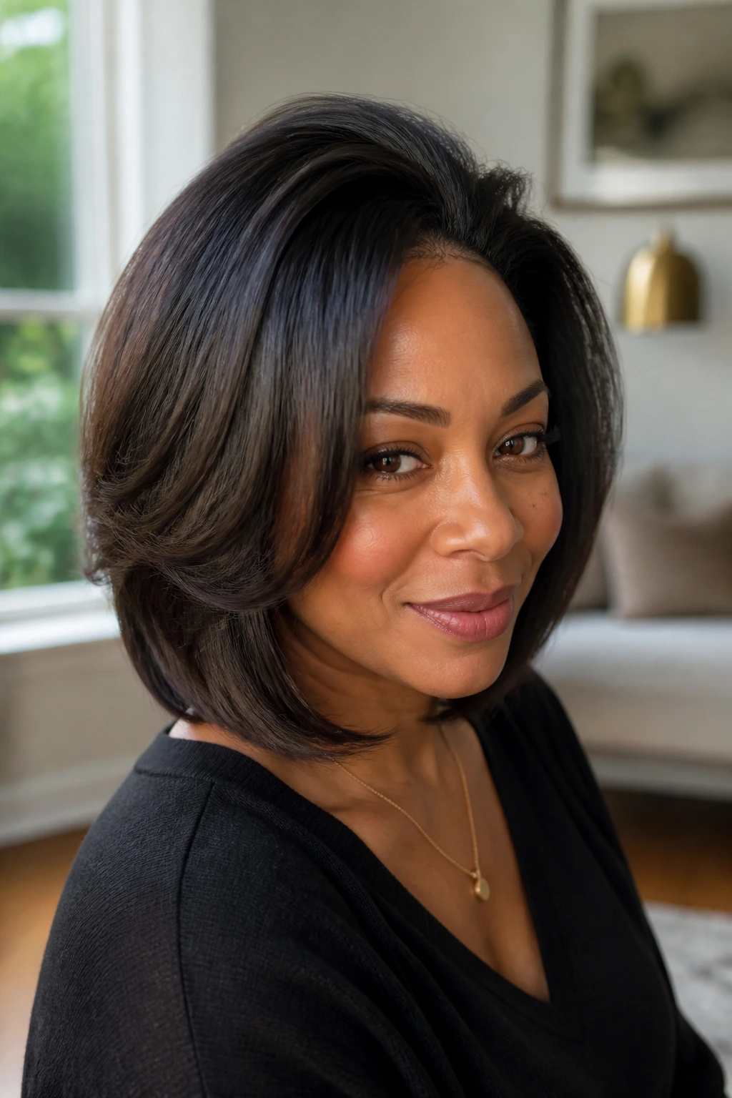 Close-up portrait of a real woman with a crown-volume lob and lifted crown under natural light