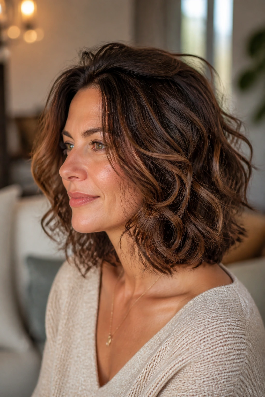 Close-up portrait of a real woman with crown-volume lob and lifted roots
