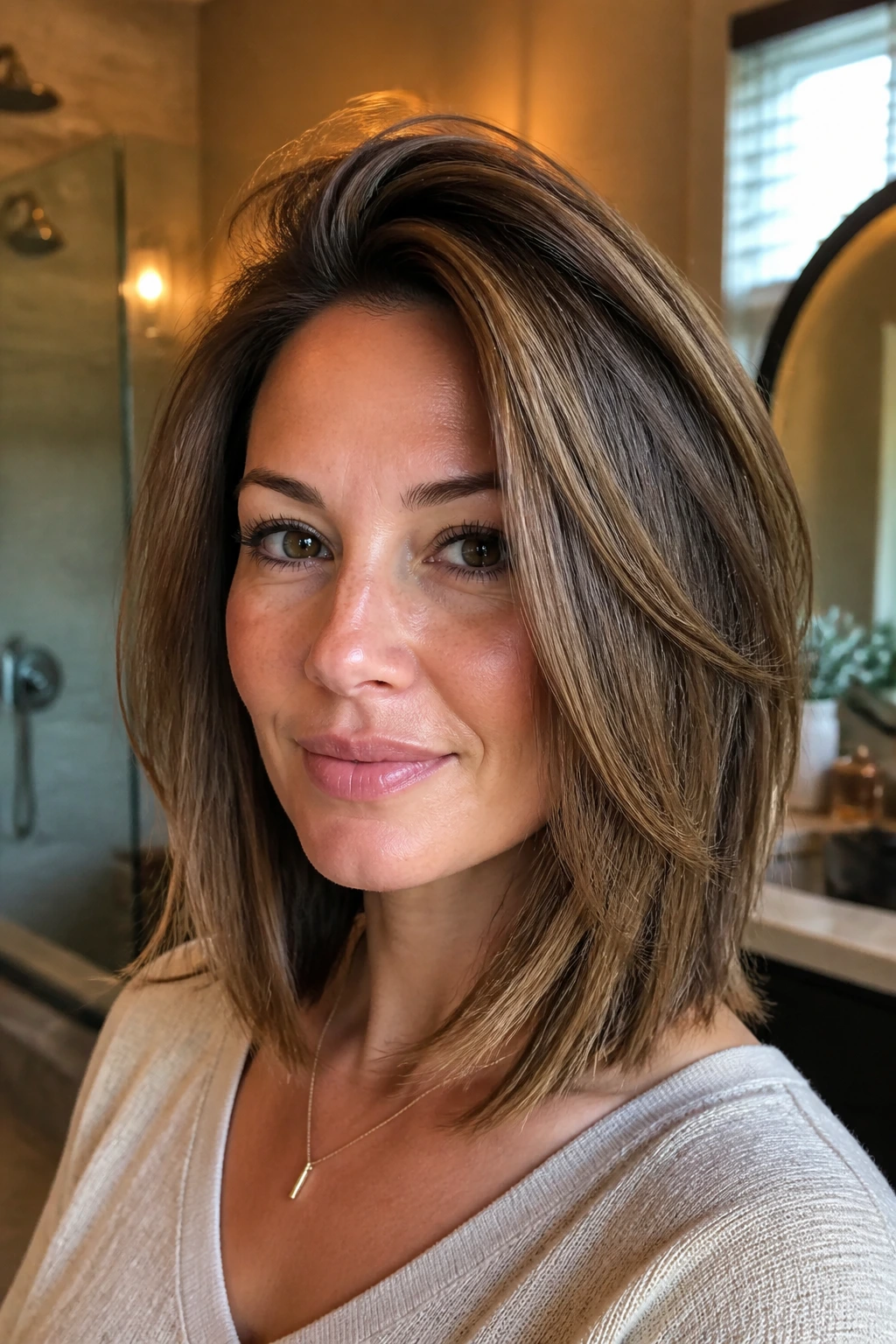 Close-up of a real woman with crown-volume lob and slim sides in natural light