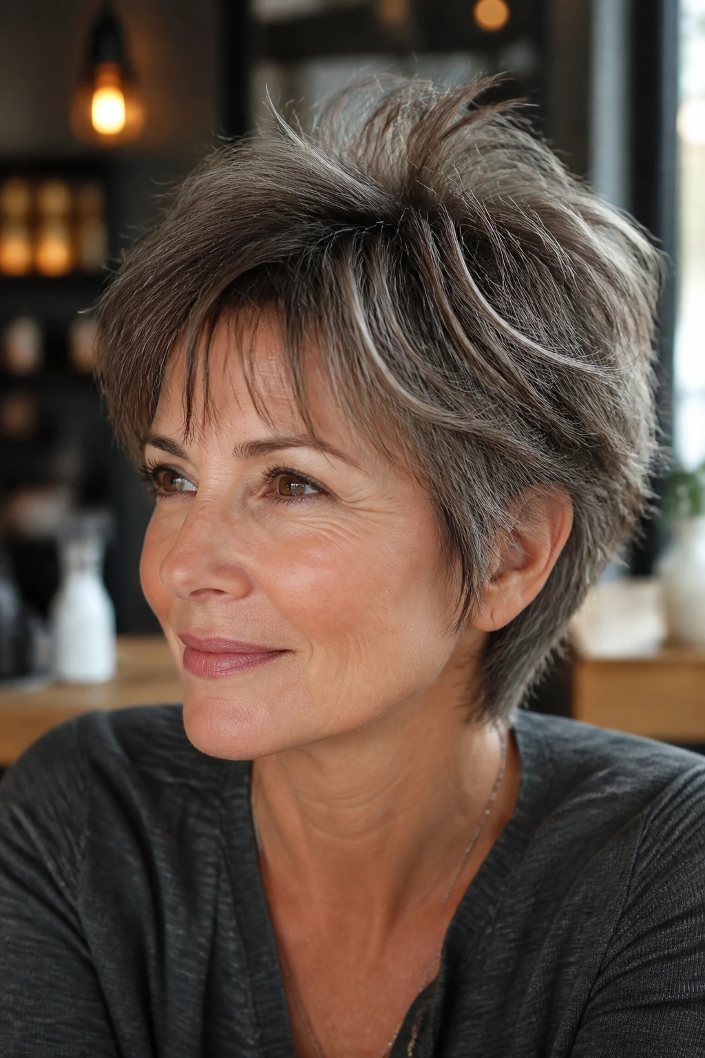 Close-up portrait of a real woman with crown-volume shag showing lifted crown and tousled texture.