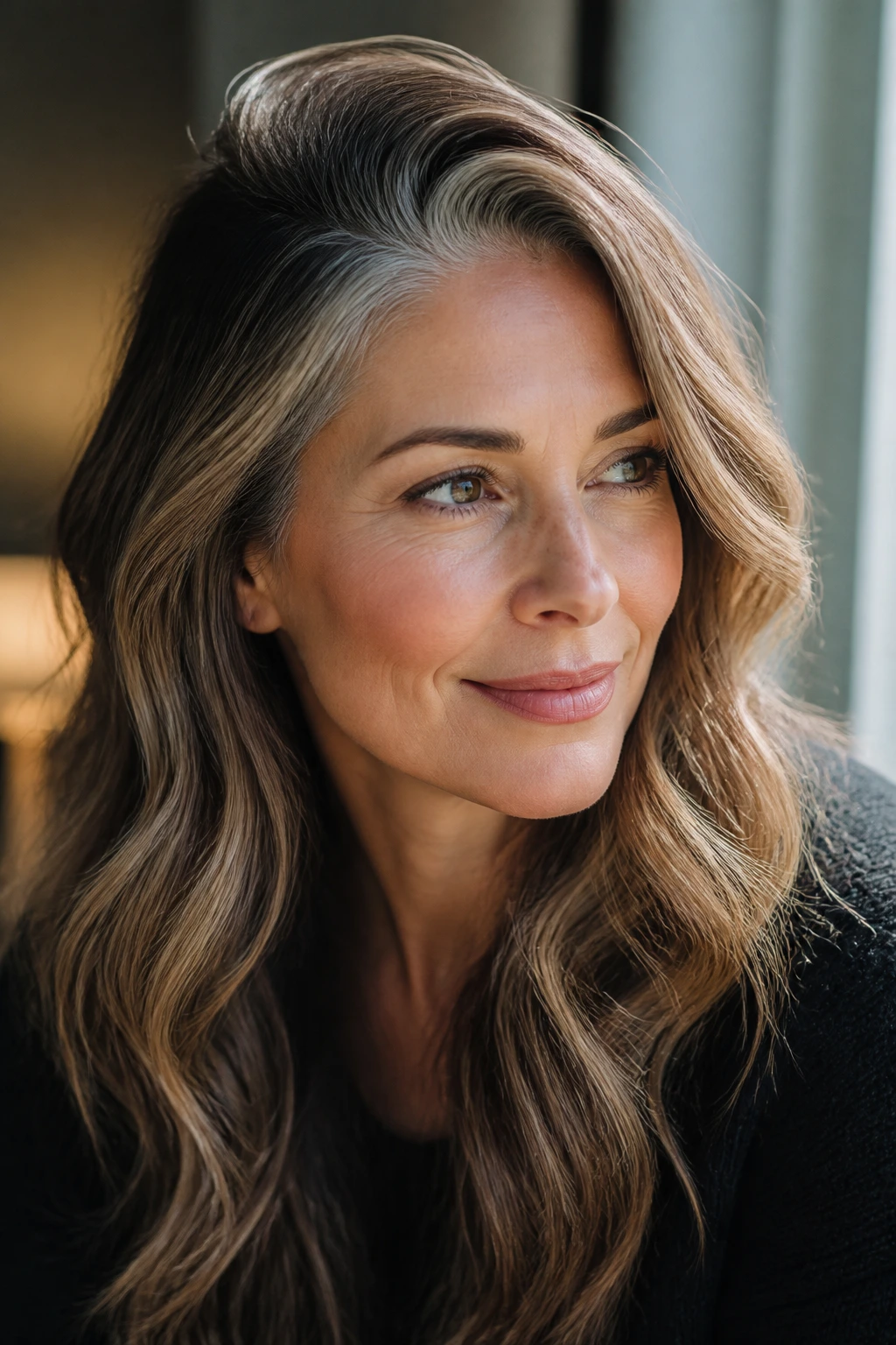 Close-up of a real woman with off-center part and crown volume in soft light