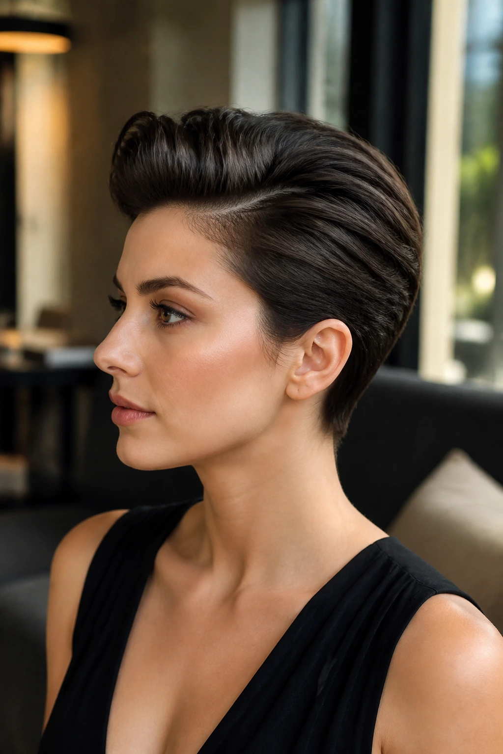 Close-up portrait of a real woman with crown volume and tucked sides hairstyle