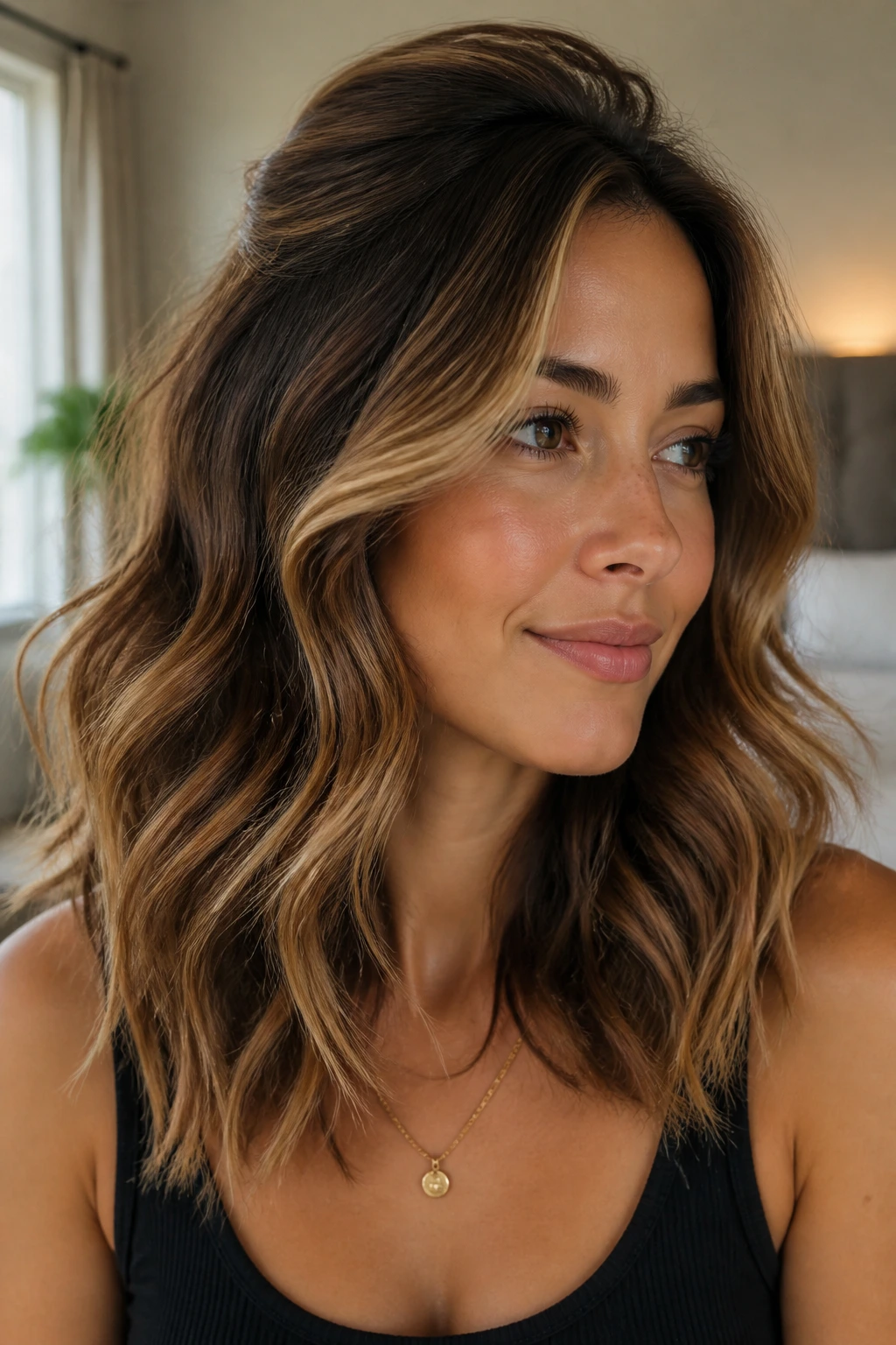 Close-up of a real woman with crown-volume waves and caramel highlight at the face.