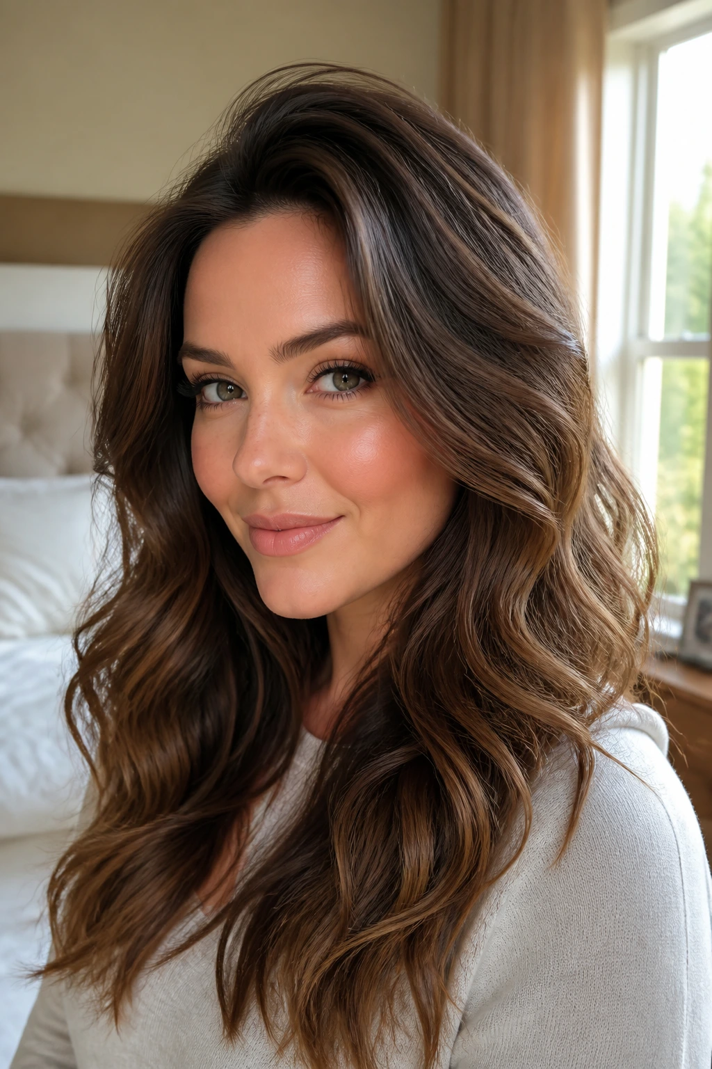Close-up portrait of a real woman with crown-volume waves and lifted crown