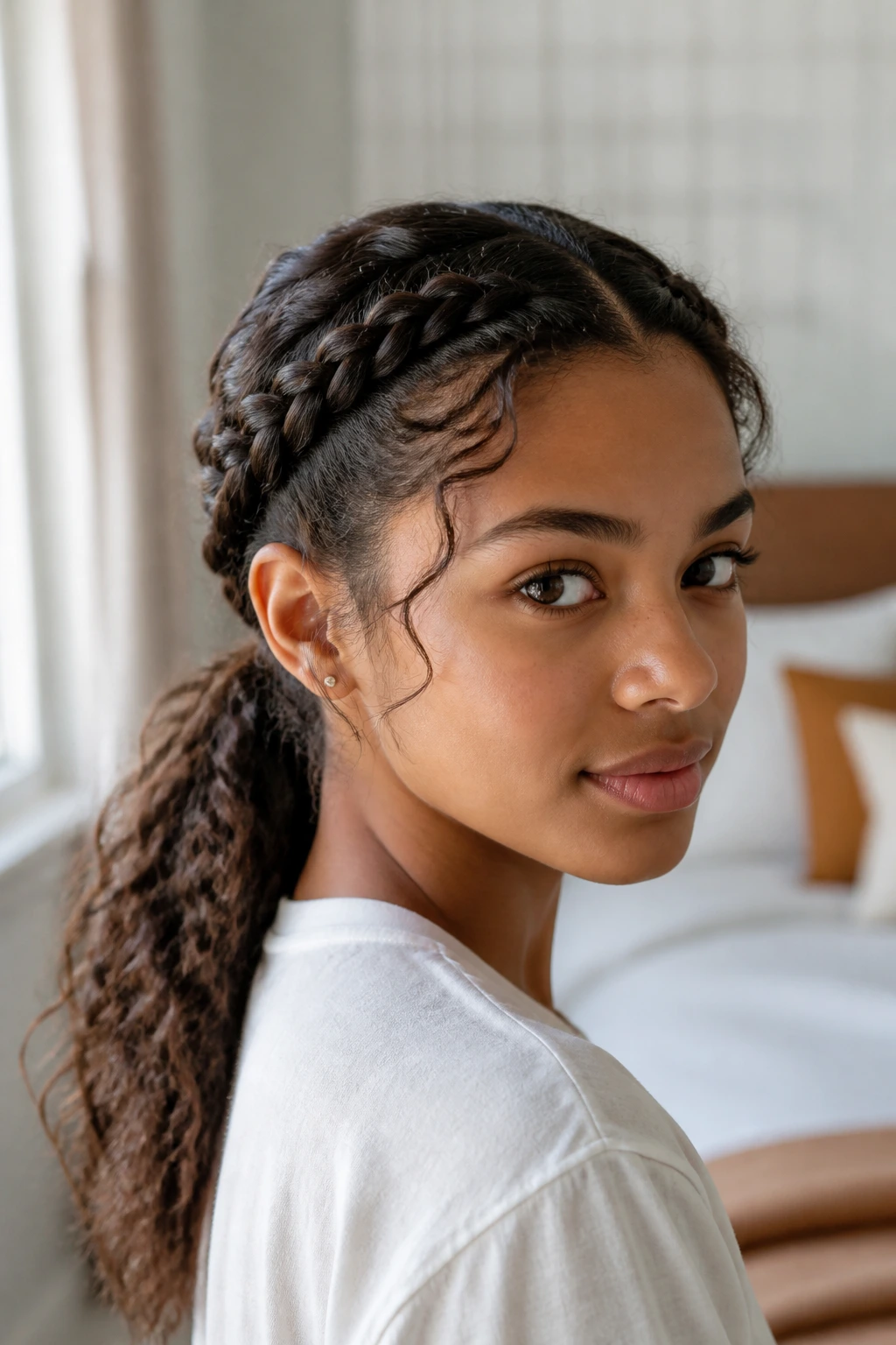 Close-up of crowned twin braids framing the face with a back ponytail on a real person under soft window light