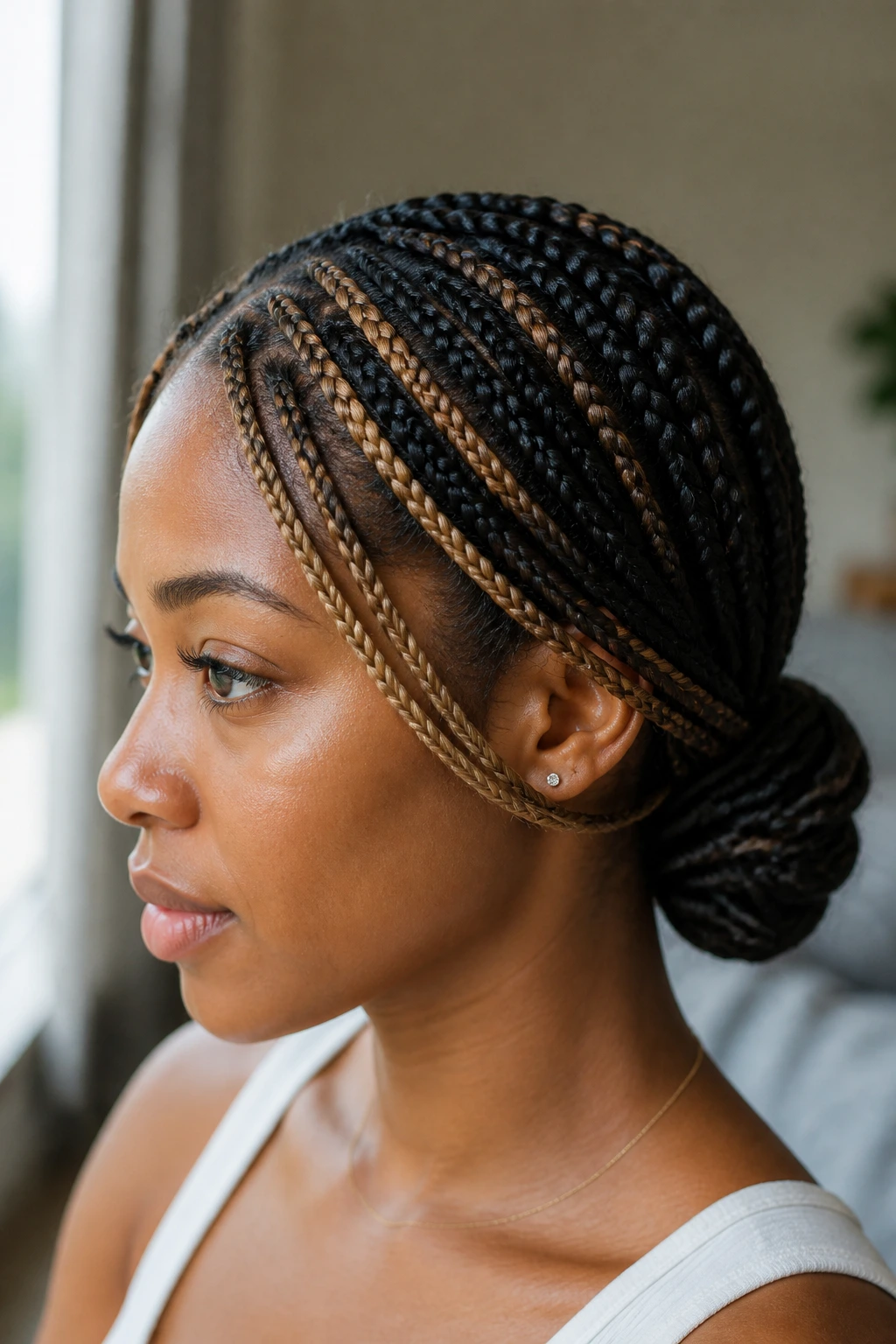 Real woman with crowned low bun and swept back braids