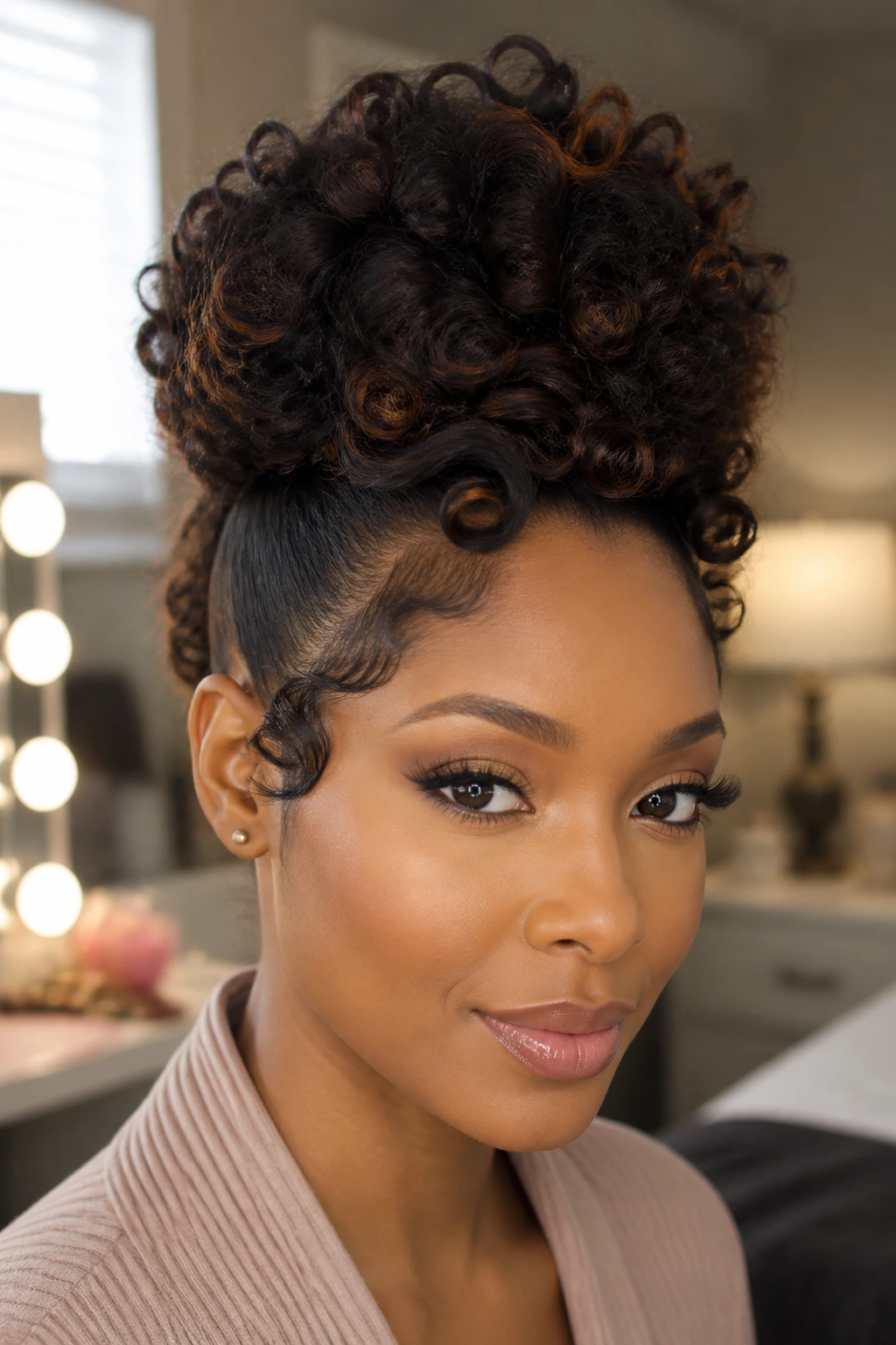 Close-up of crowned puff hairstyle with pin curl ends on a real woman