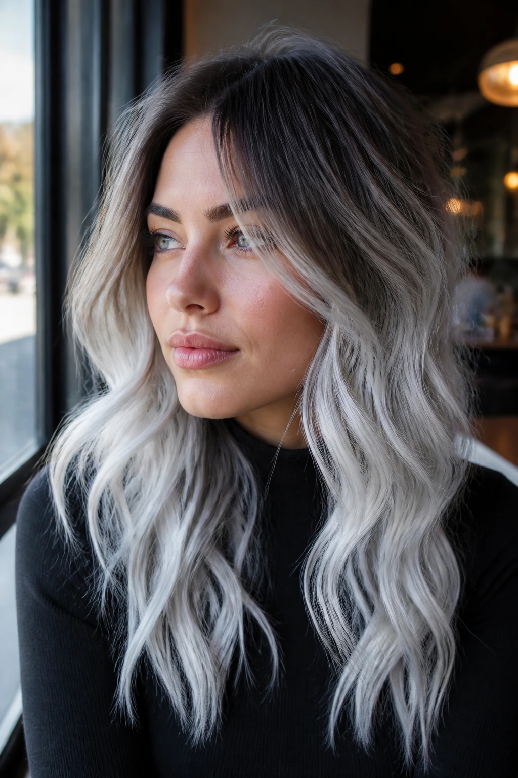 Close-up of a real person with crushed-ice ombré hair