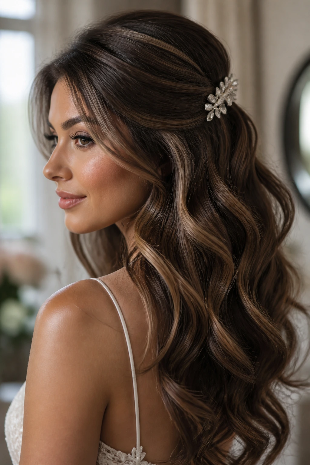 Woman with crystal clip in wedding waves