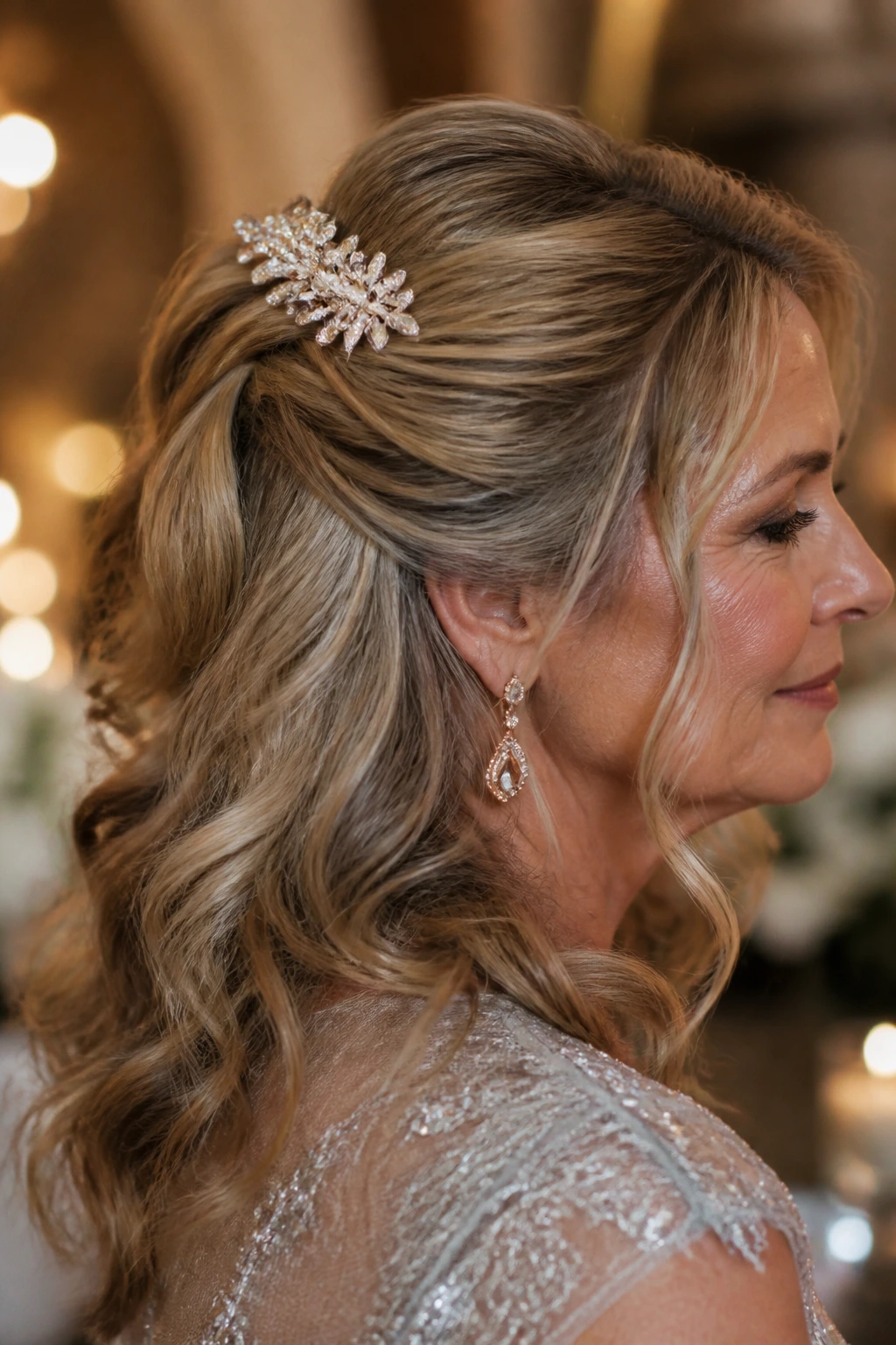 Close-up of crystal comb half-up hairstyle on a real person