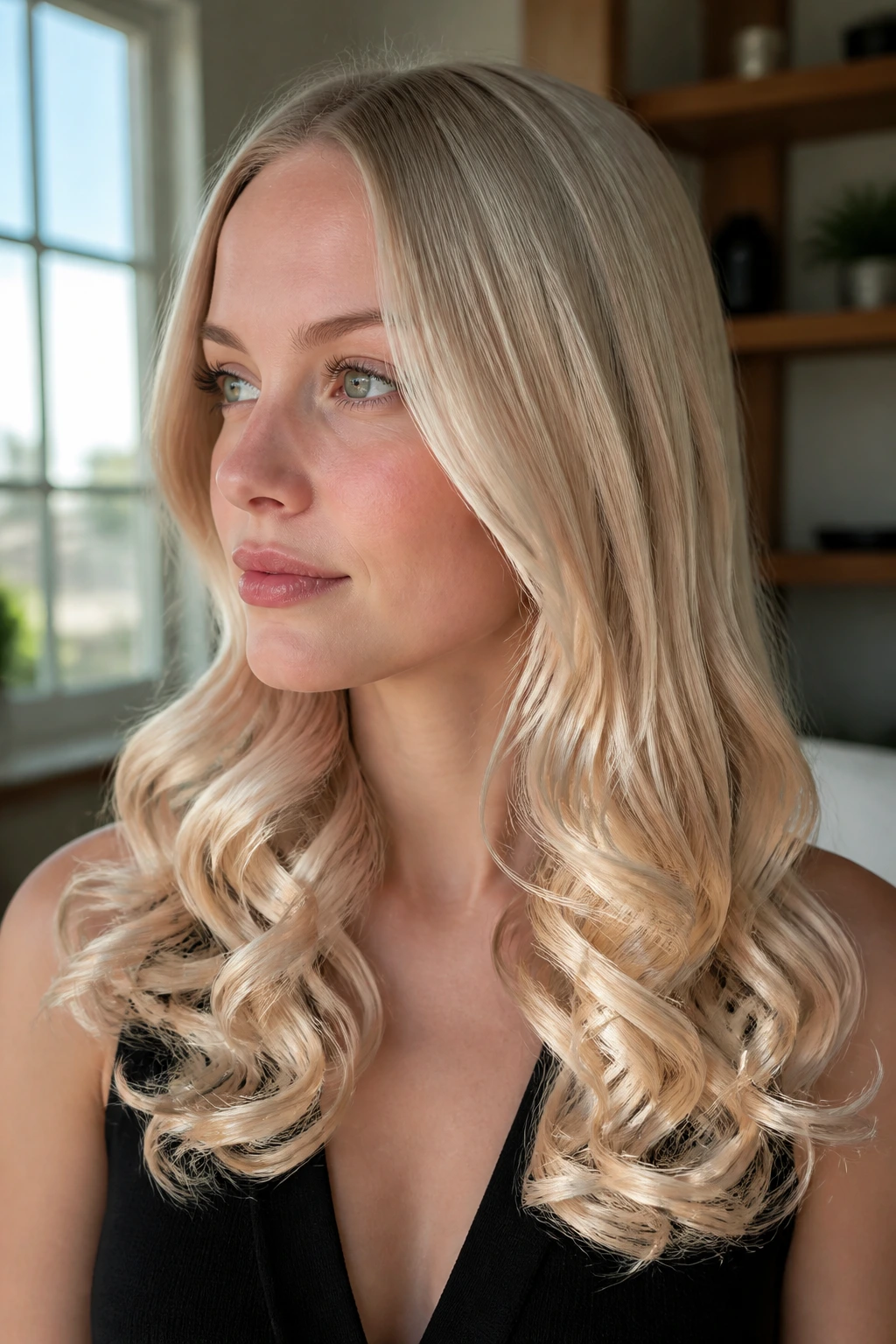 Portrait of a real woman with crystal-glass ringlet ends on icy blonde hair