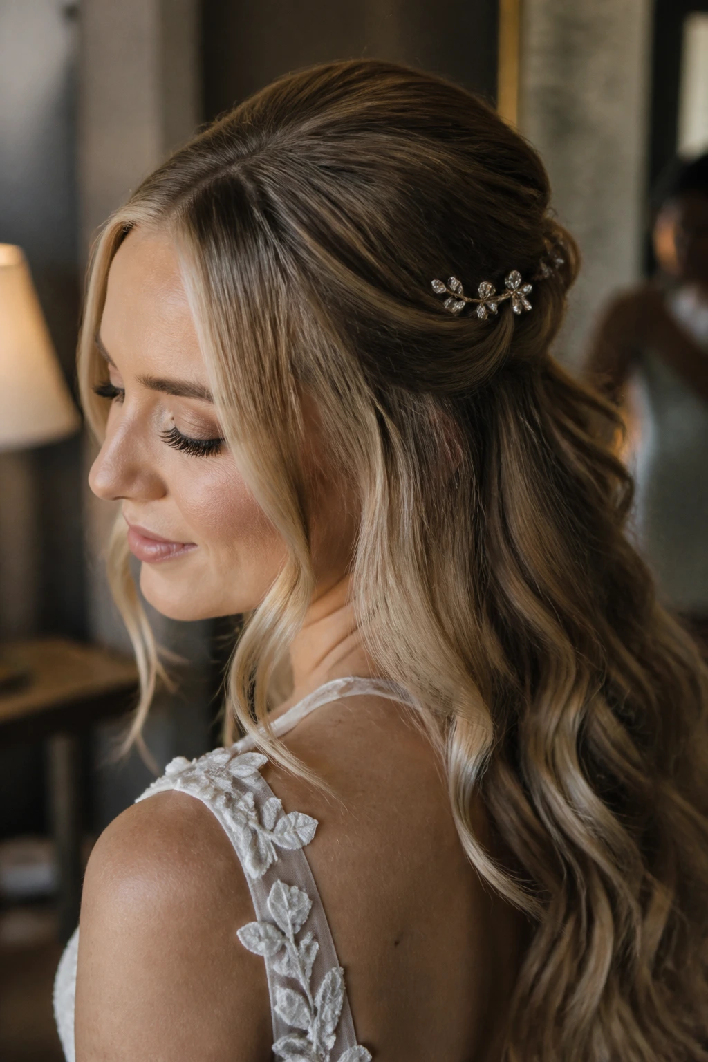 Real bride with crystal pins scattered along the half-up join.