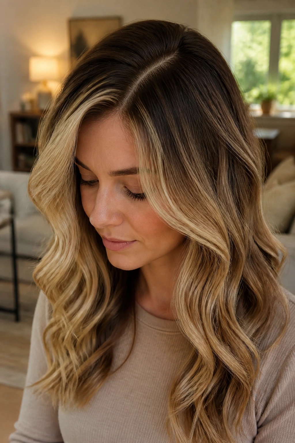 Close-up of a real woman's hairstyle with a curved C-section part and soft highlights