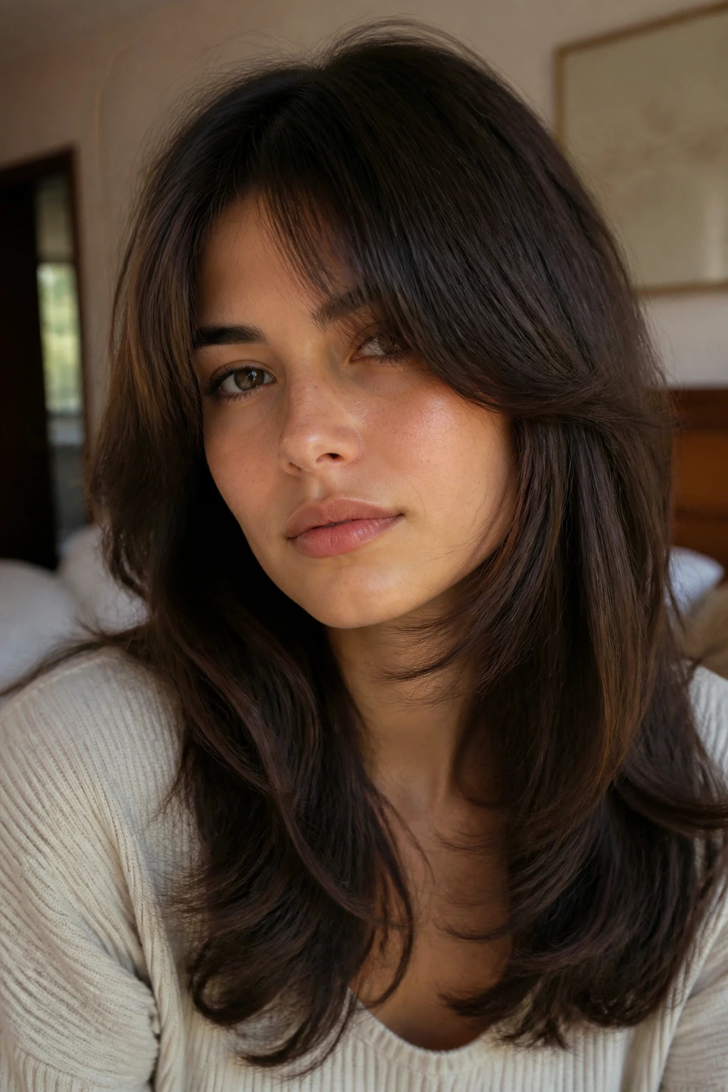 Close-up of a real woman with a C-shape fringe hugging her cheeks in soft morning light