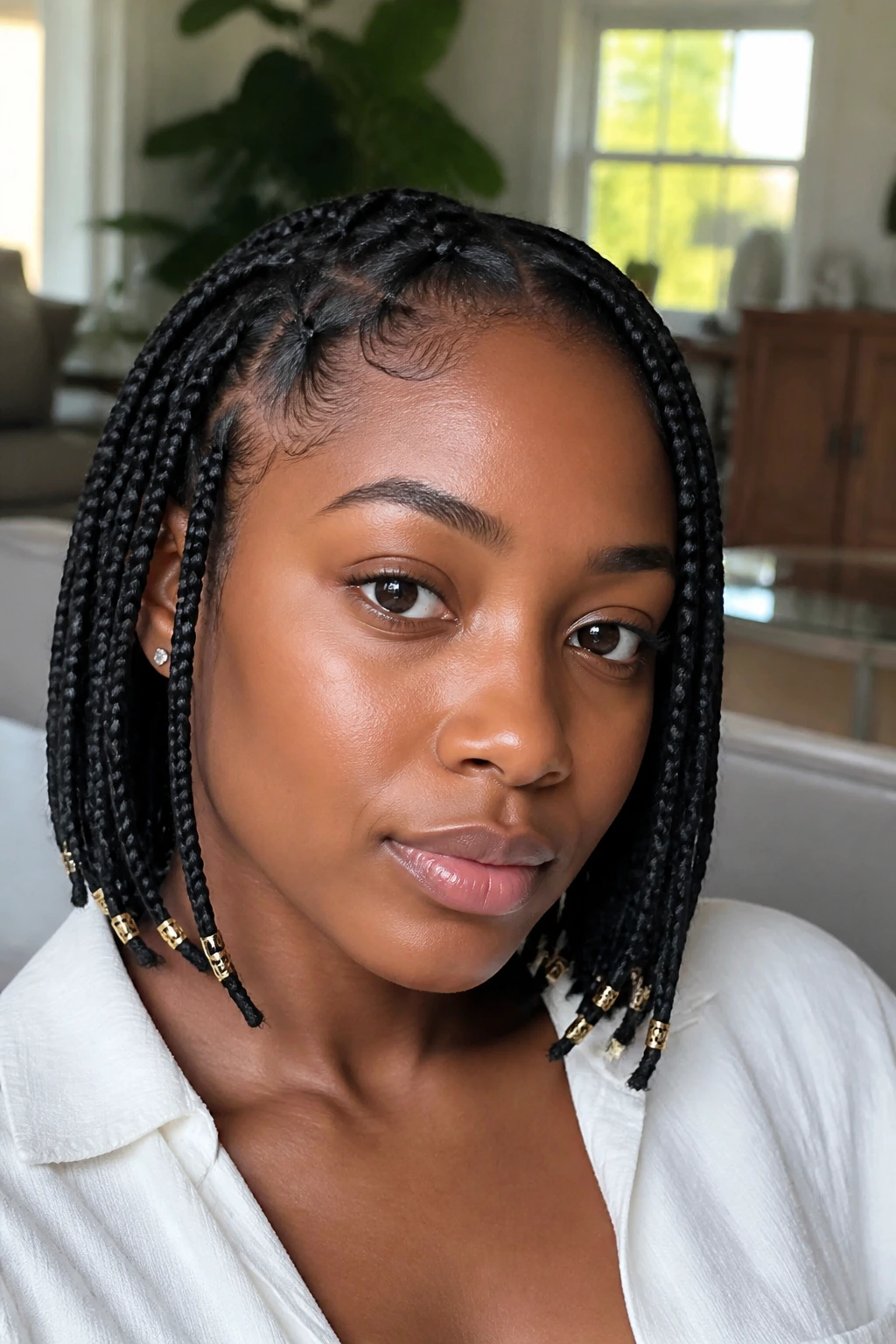 Close-up of a real woman with cuffs on knotless braids