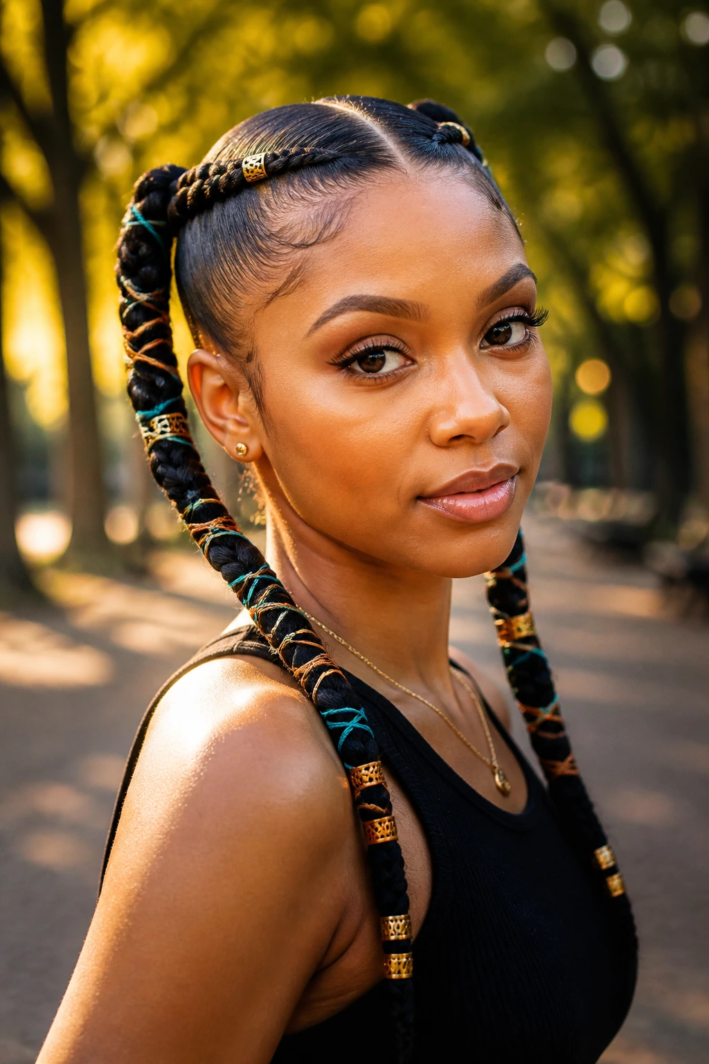 Close-up of a real woman with cuffed and thread-wrapped pigtails in a park