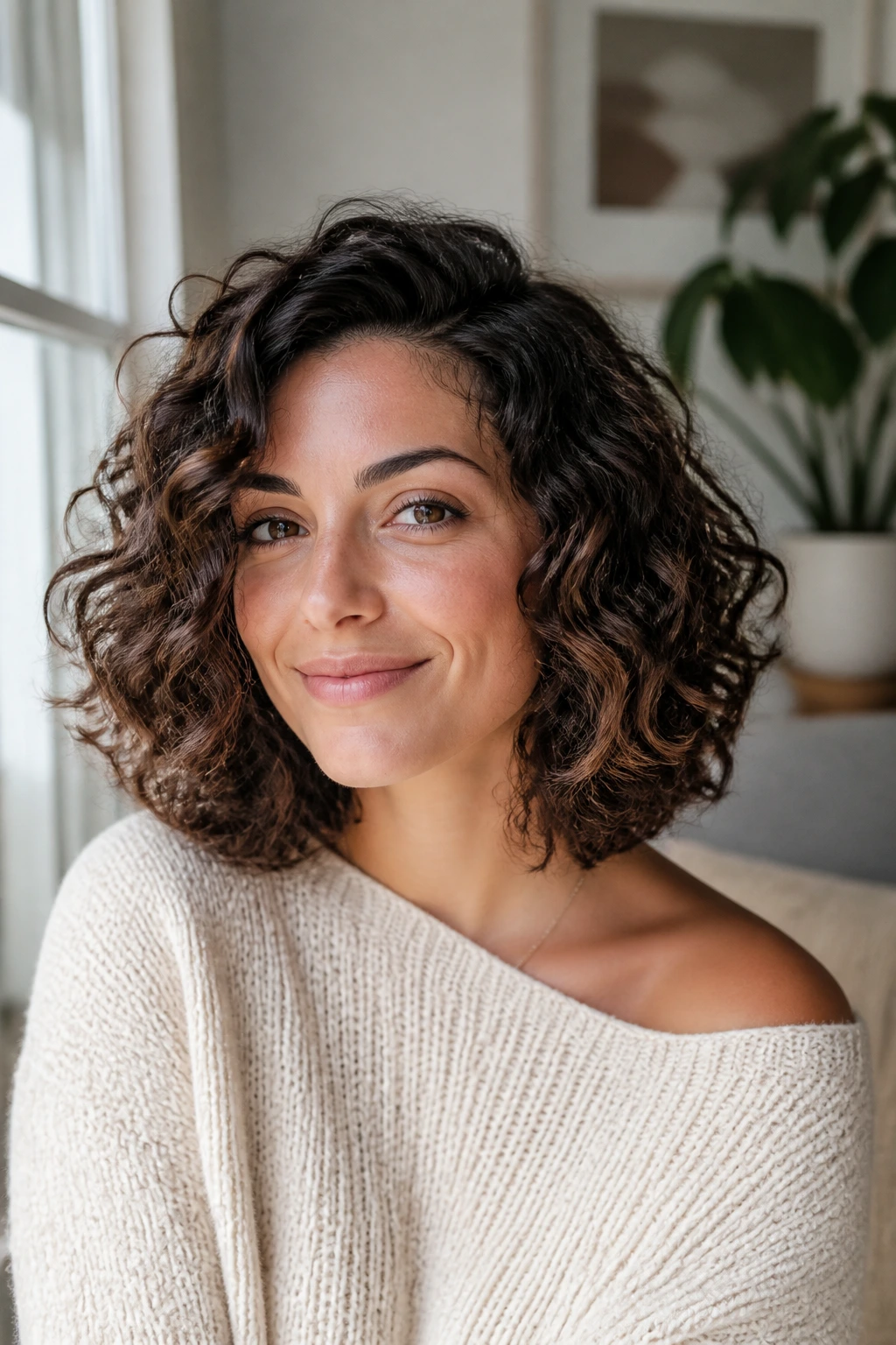 Medium close-up of a real person with curly hair in a rounded lob style