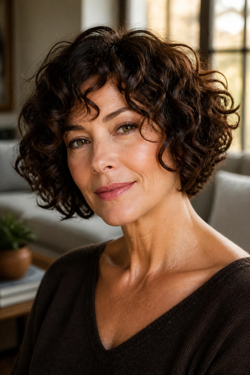 Close-up portrait of a real woman with a curl-aware brunette bob that holds its shape in warm window light