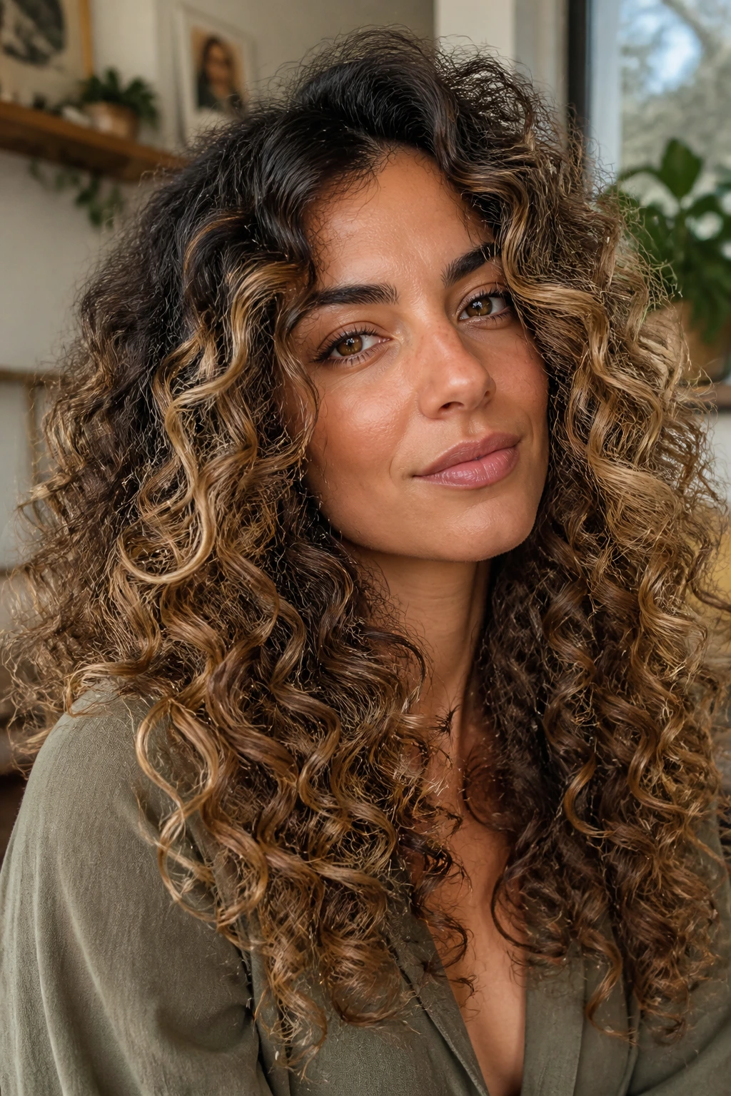 Real person with curl-specific balayage highlighting curls.