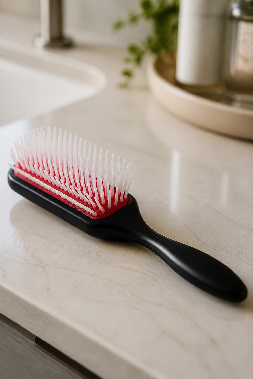 Close-up of a plain Denman-style brush on a bathroom counter.