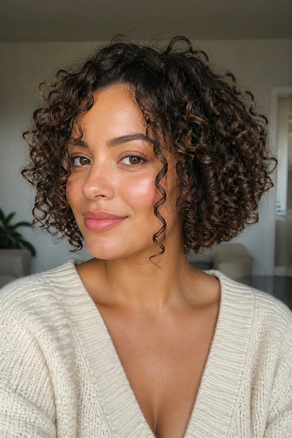 Close-up of a real woman with curl-by-curl bob showing varied curls.